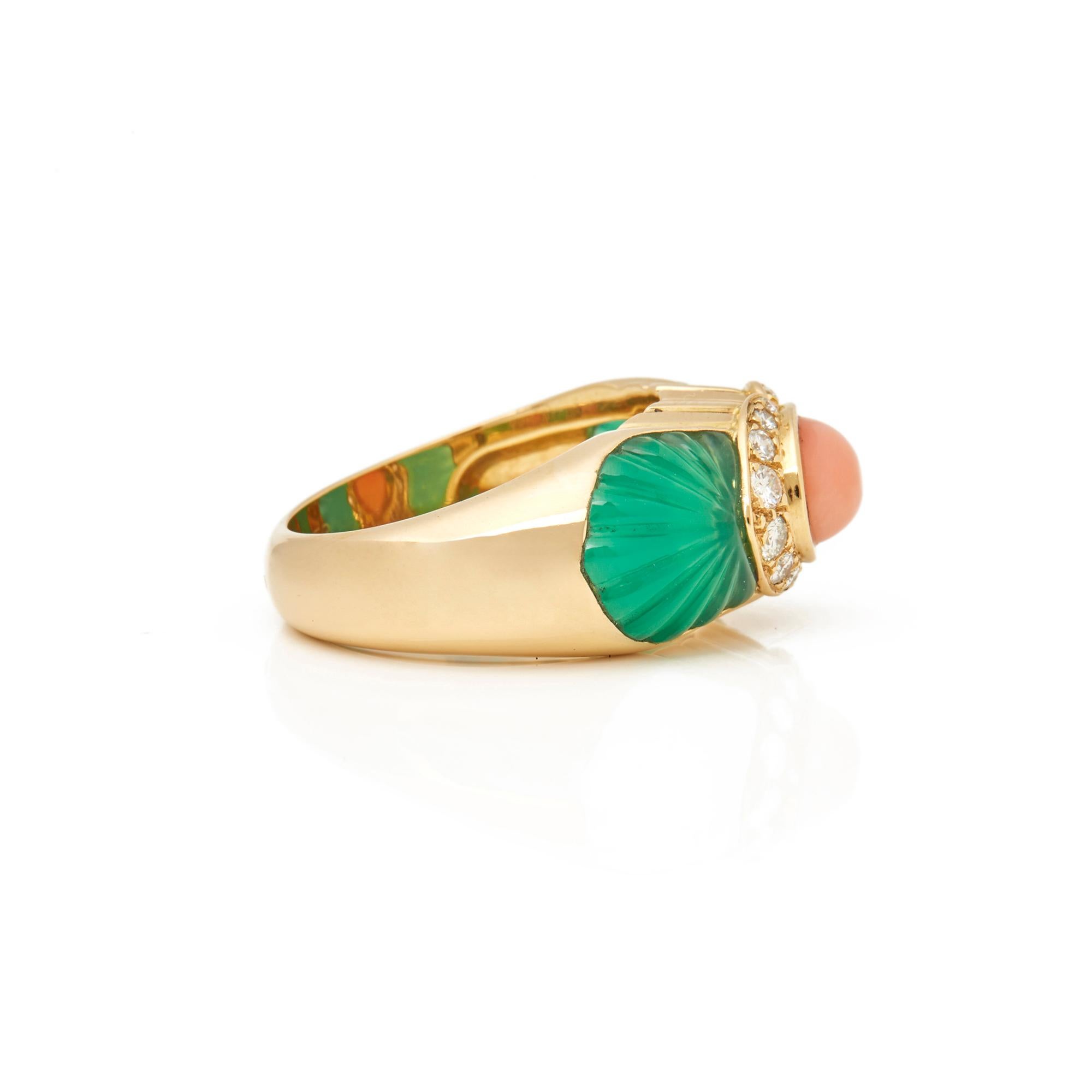 Round Cut Cartier 18 Karat Yellow Gold Chrysoprase, Coral and Diamond Ring
