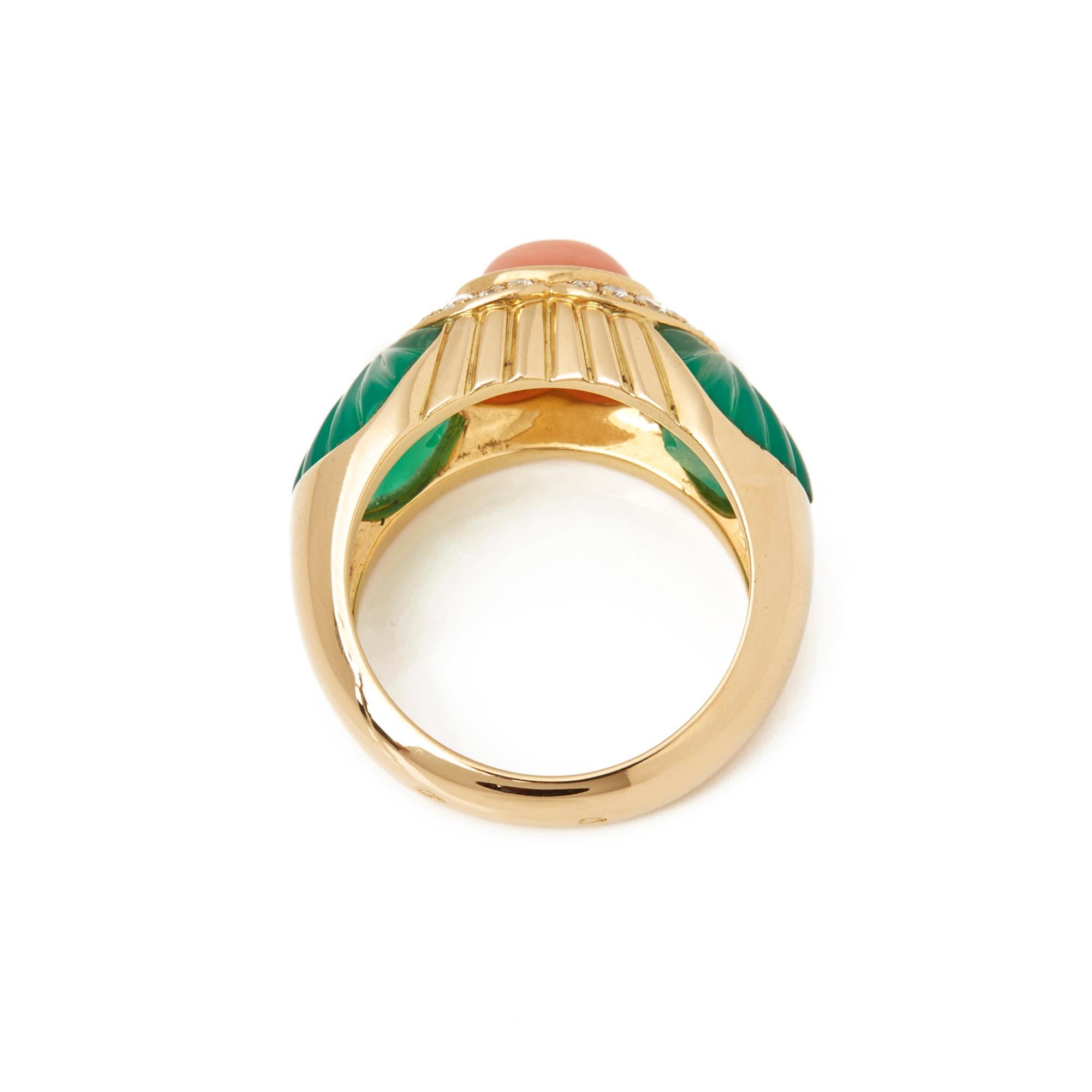 Women's Cartier 18 Karat Yellow Gold Chrysoprase, Coral and Diamond Ring