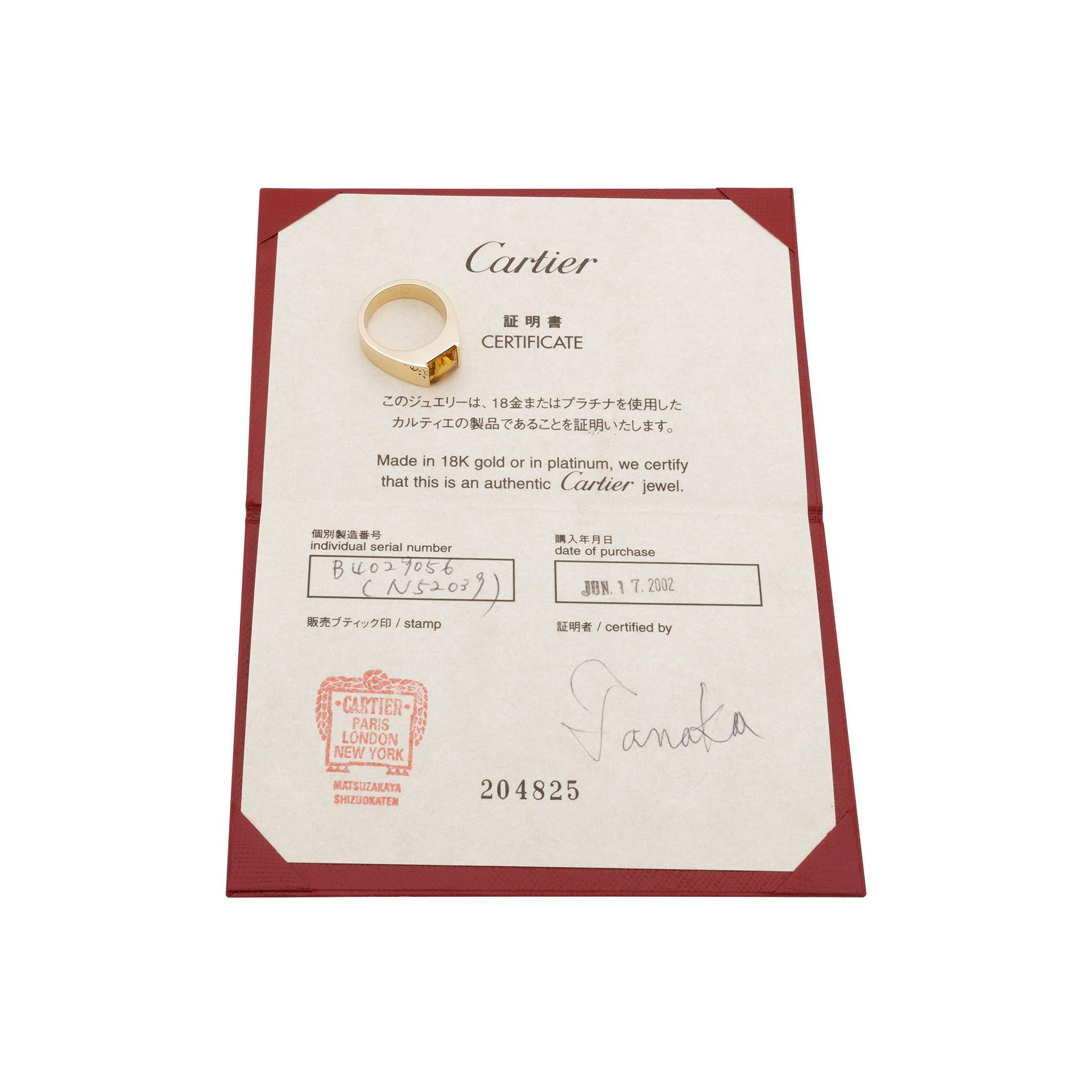 Cartier 18 Karat Yellow Gold Citrine Tank Ring with Original Certificate 1