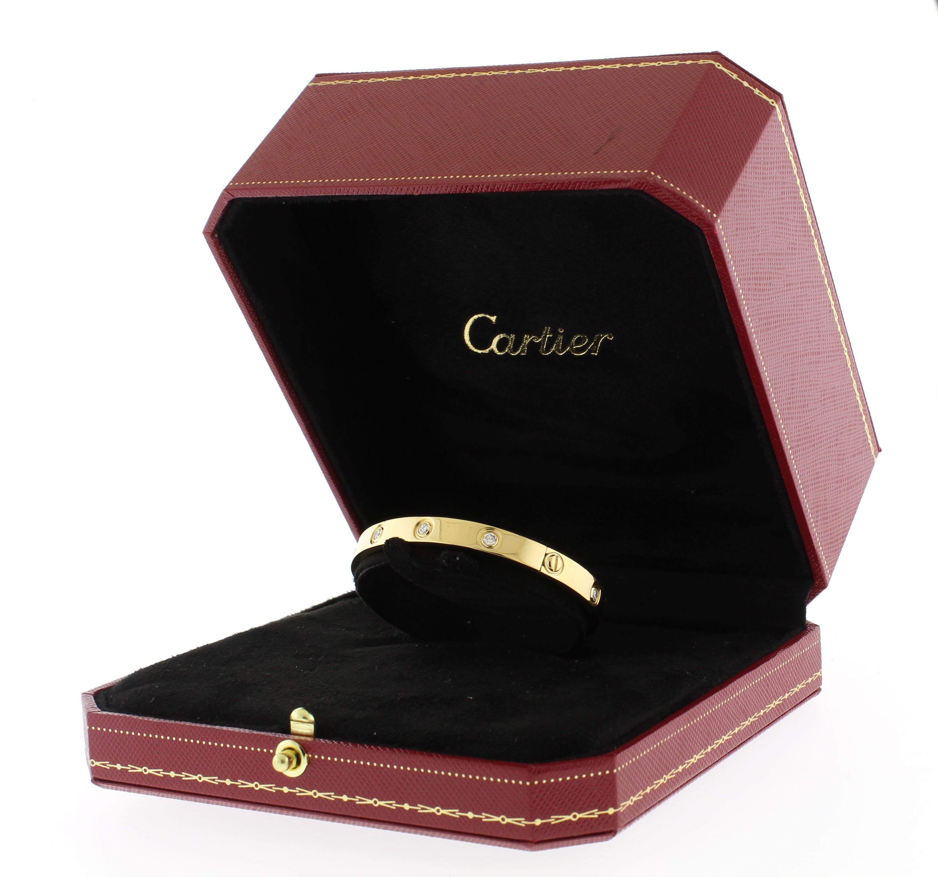 Round Cut Cartier 18 Karat Yellow Gold Classic Ten Diamond LOVE Bracelet, size 16
