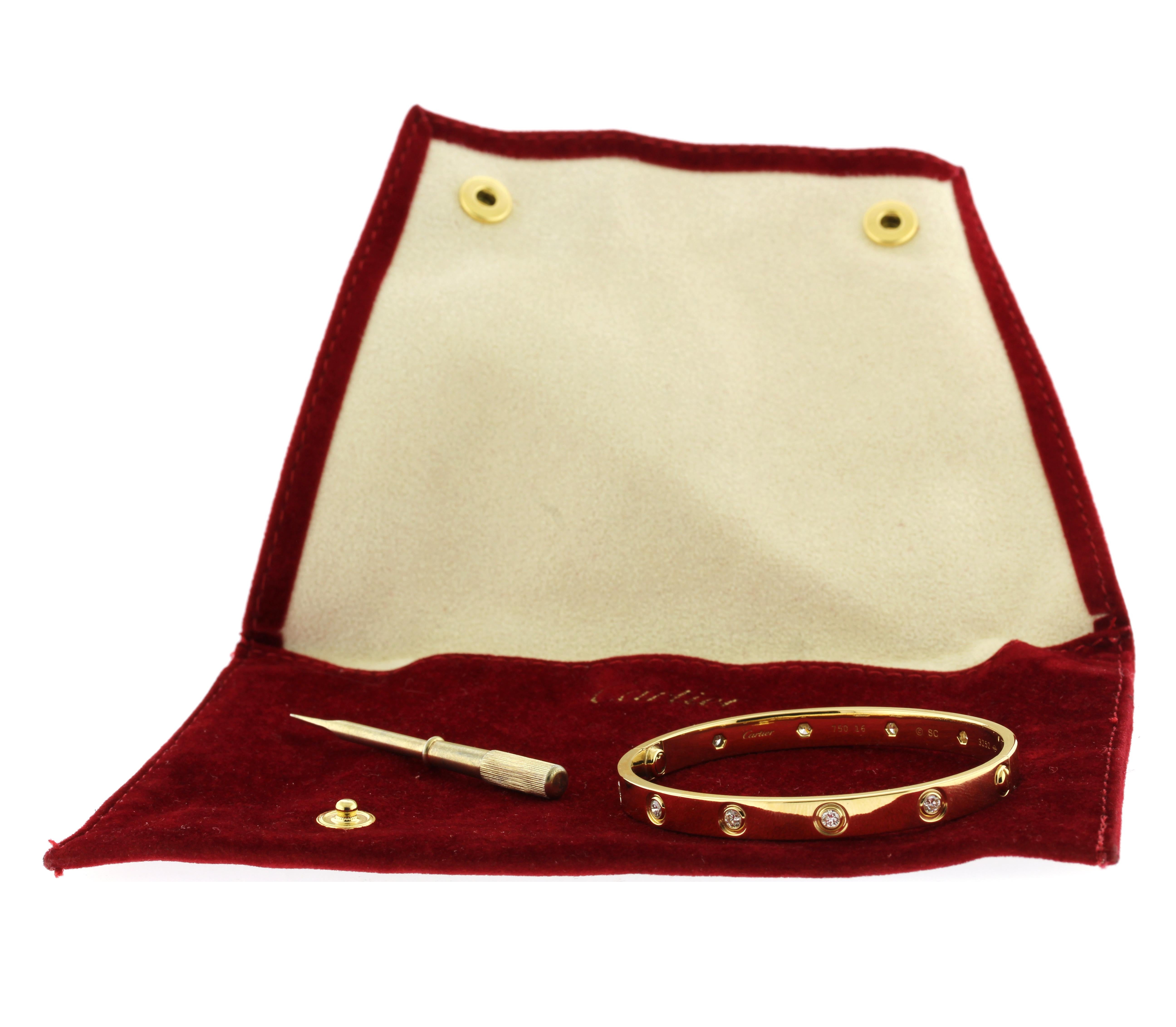 Cartier 18 Karat Yellow Gold Classic Ten Diamond LOVE Bracelet, size 16 In Excellent Condition In Bethesda, MD