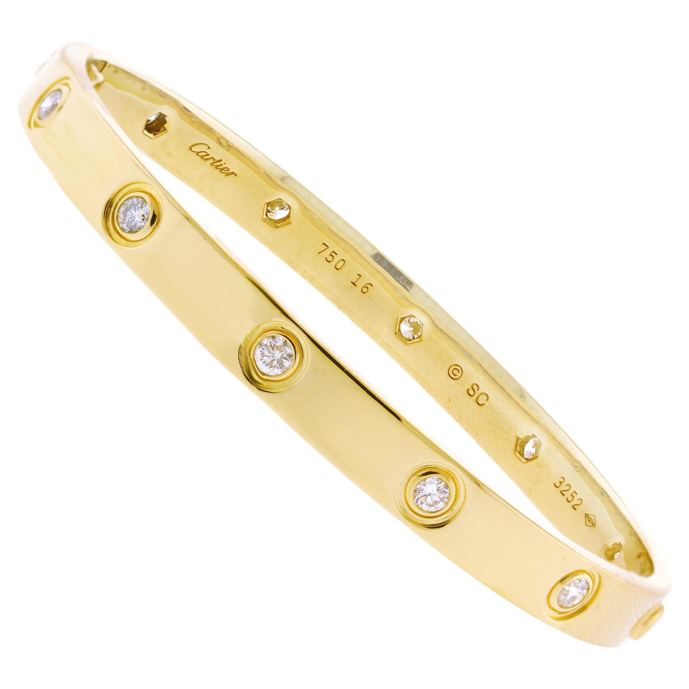 Cartier 18 Karat Yellow Gold Classic Ten Diamond LOVE Bracelet, size 16