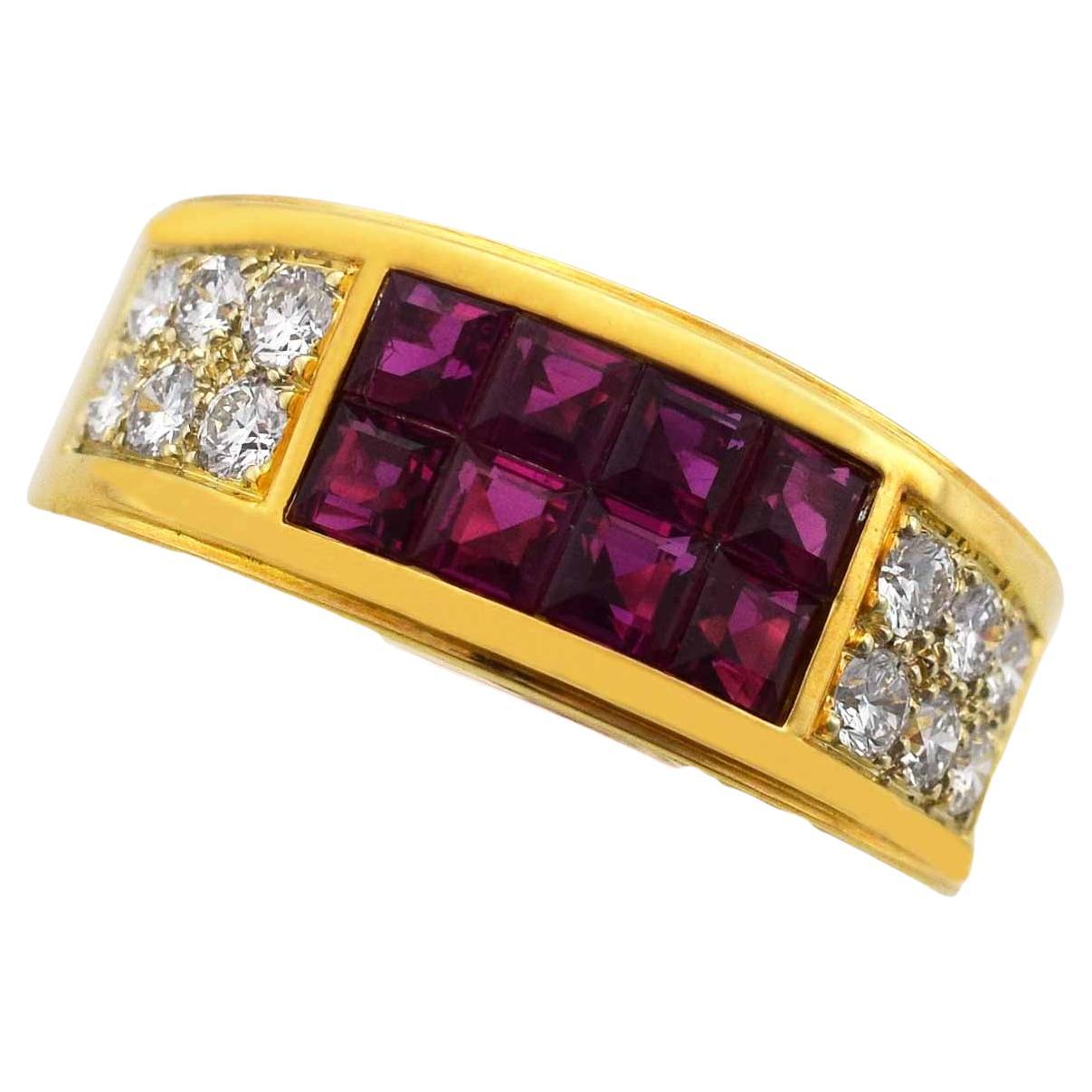 Cartier 18 Karat Yellow Gold Diabolo Diamond Mystery Invisible Set Ruby Ring For Sale