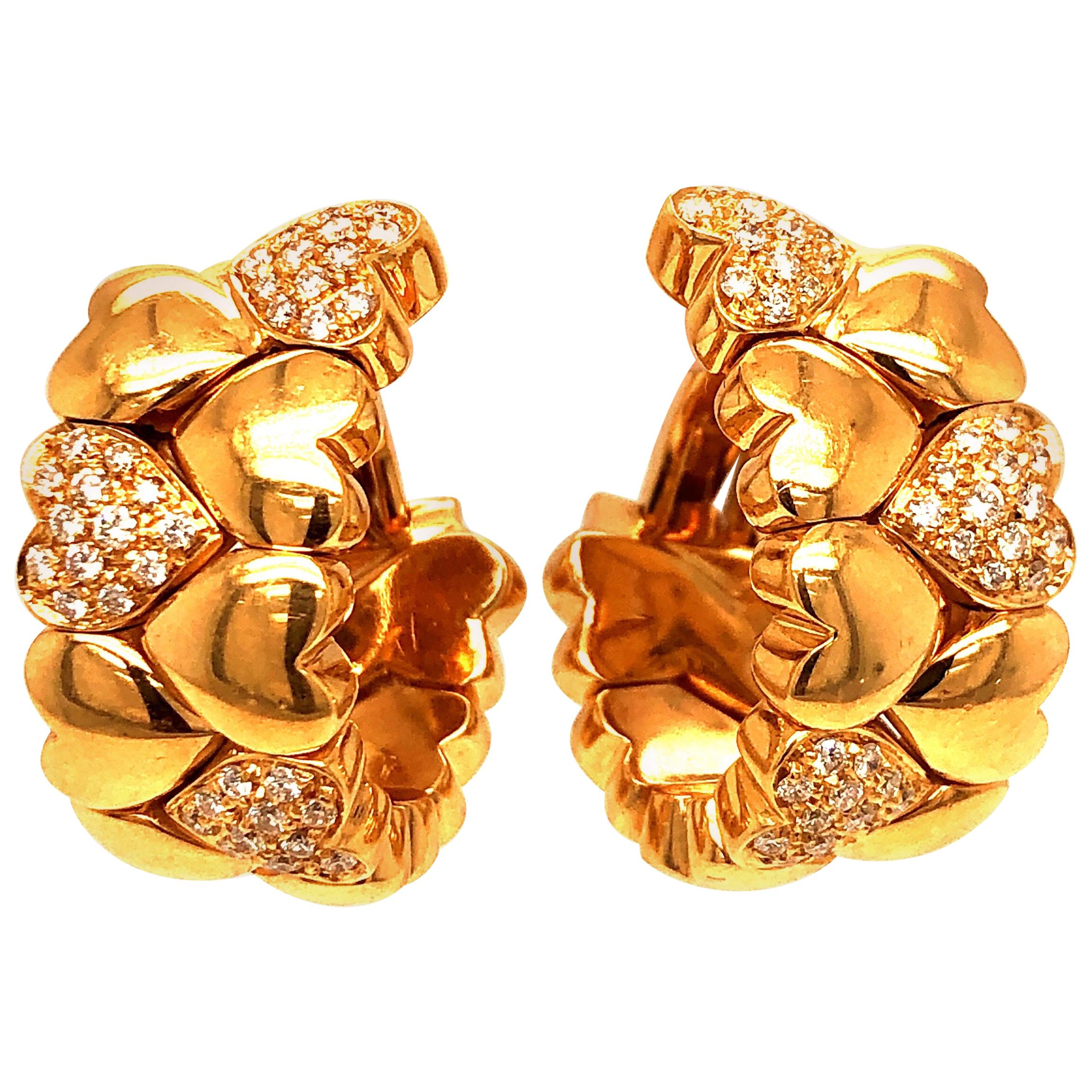 Cartier 18 Karat Yellow Gold Diamond Earrings Pave Diamonds Heart Design For Sale