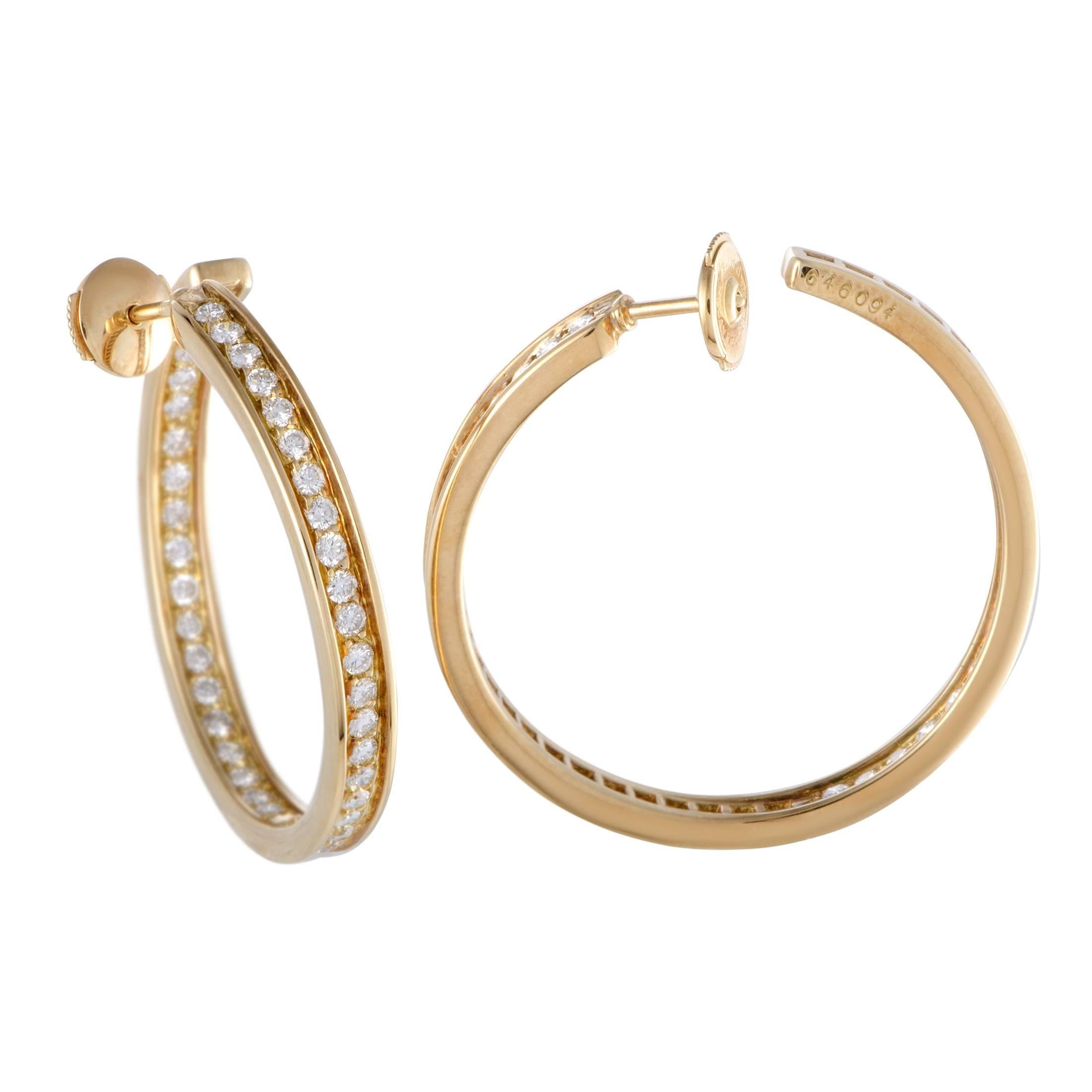 Cartier 18 Karat Yellow Gold Diamond Inside Out Large Hoop Earrings In Excellent Condition In Southampton, PA