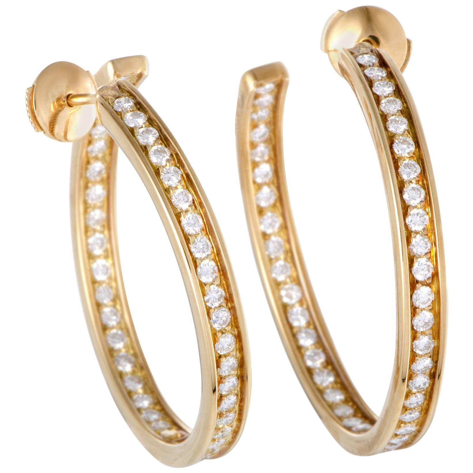 Cartier 18 Karat Yellow Gold Diamond Inside Out Large Hoop Earrings