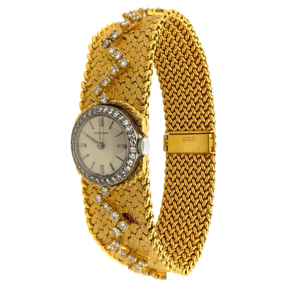 Orologio da polso Cartier con movimento Longines in oro giallo 18 carati e diamanti