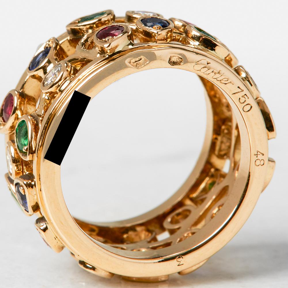 Cartier 18 Karat Yellow Gold Diamond Sapphire Ruby Emerald Band Ring 1