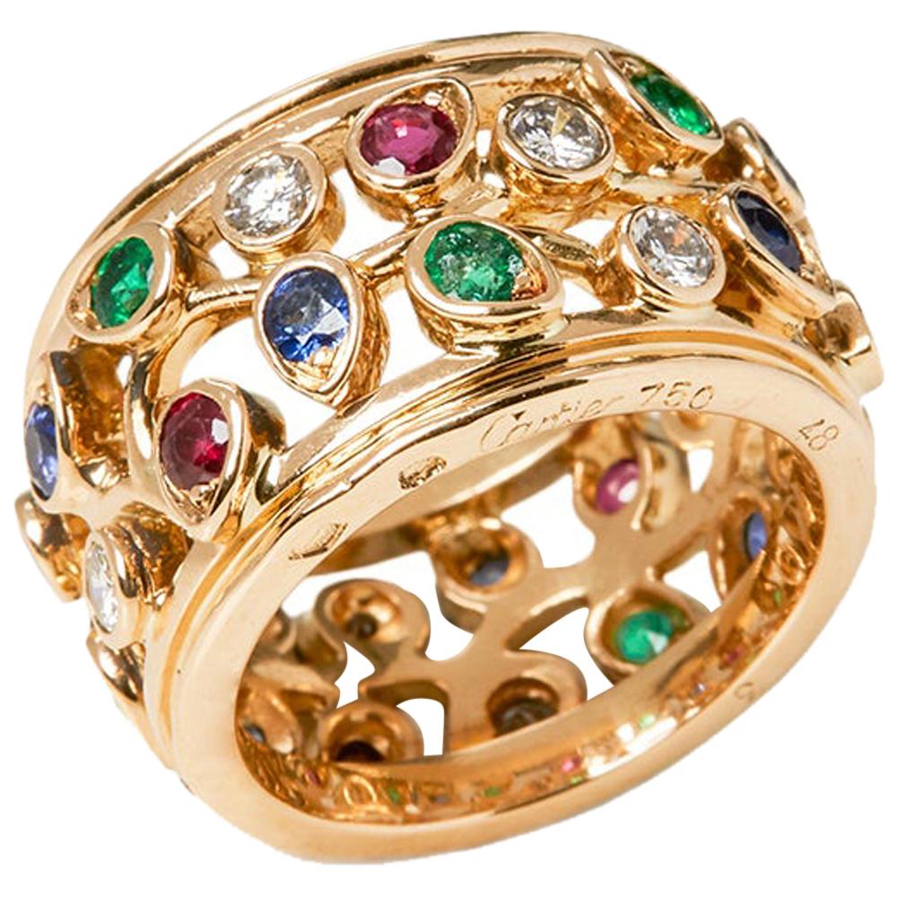 Cartier 18 Karat Yellow Gold Diamond Sapphire Ruby Emerald Band Ring