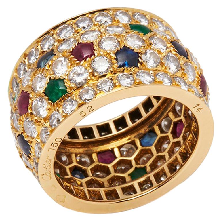 Cartier 18 Karat Yellow Gold Diamond Sapphire Ruby Emerald Nigeria Ring