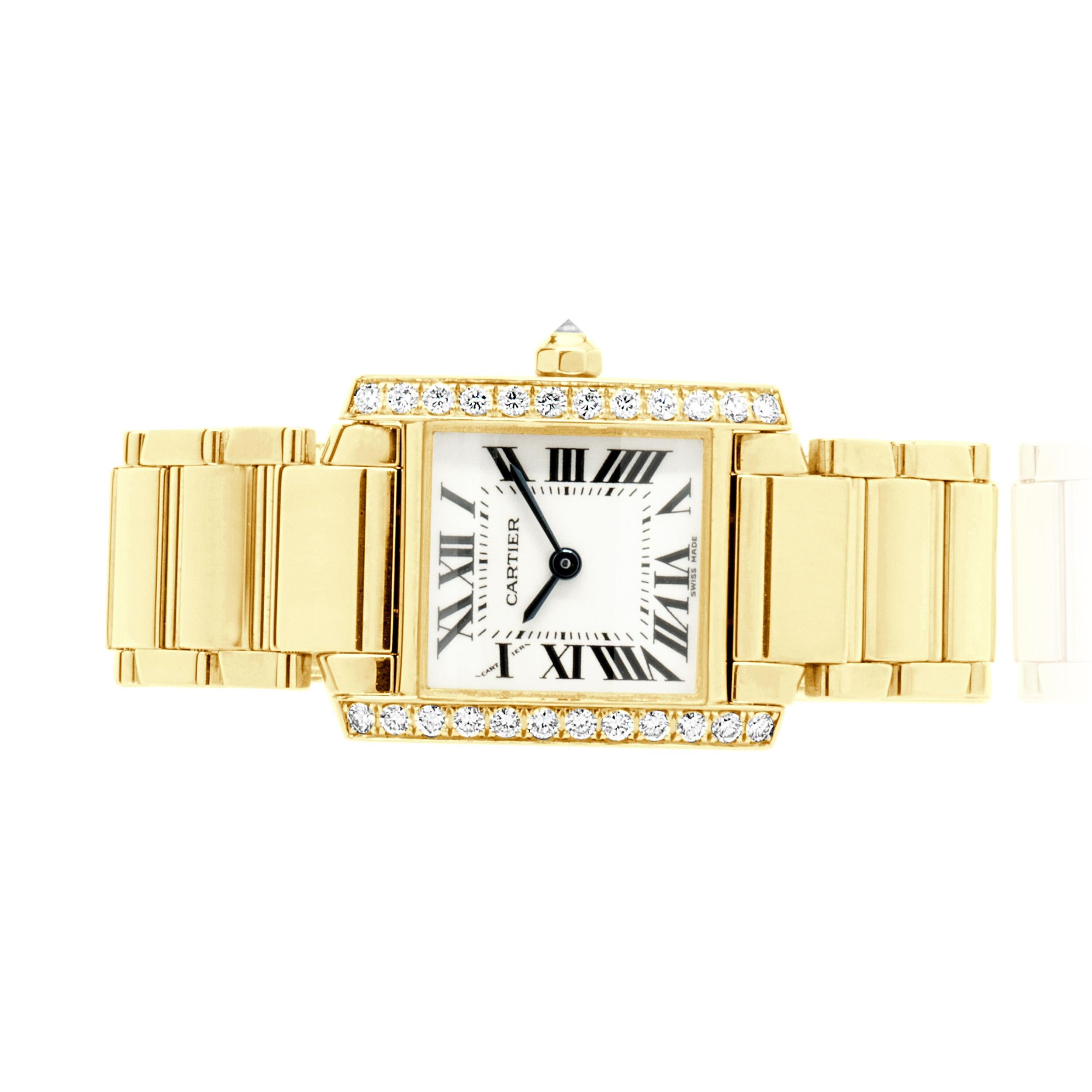 Movement: automatic
Function: hours, minutes, seconds, date
Case: 25x20mm 18K yellow gold rectangular case, diamond bezel, push pull crown, sapphire crystal
Dial: white roman dial, steel sword sweeping hands
Band: Cartier 18K yellow gold tank