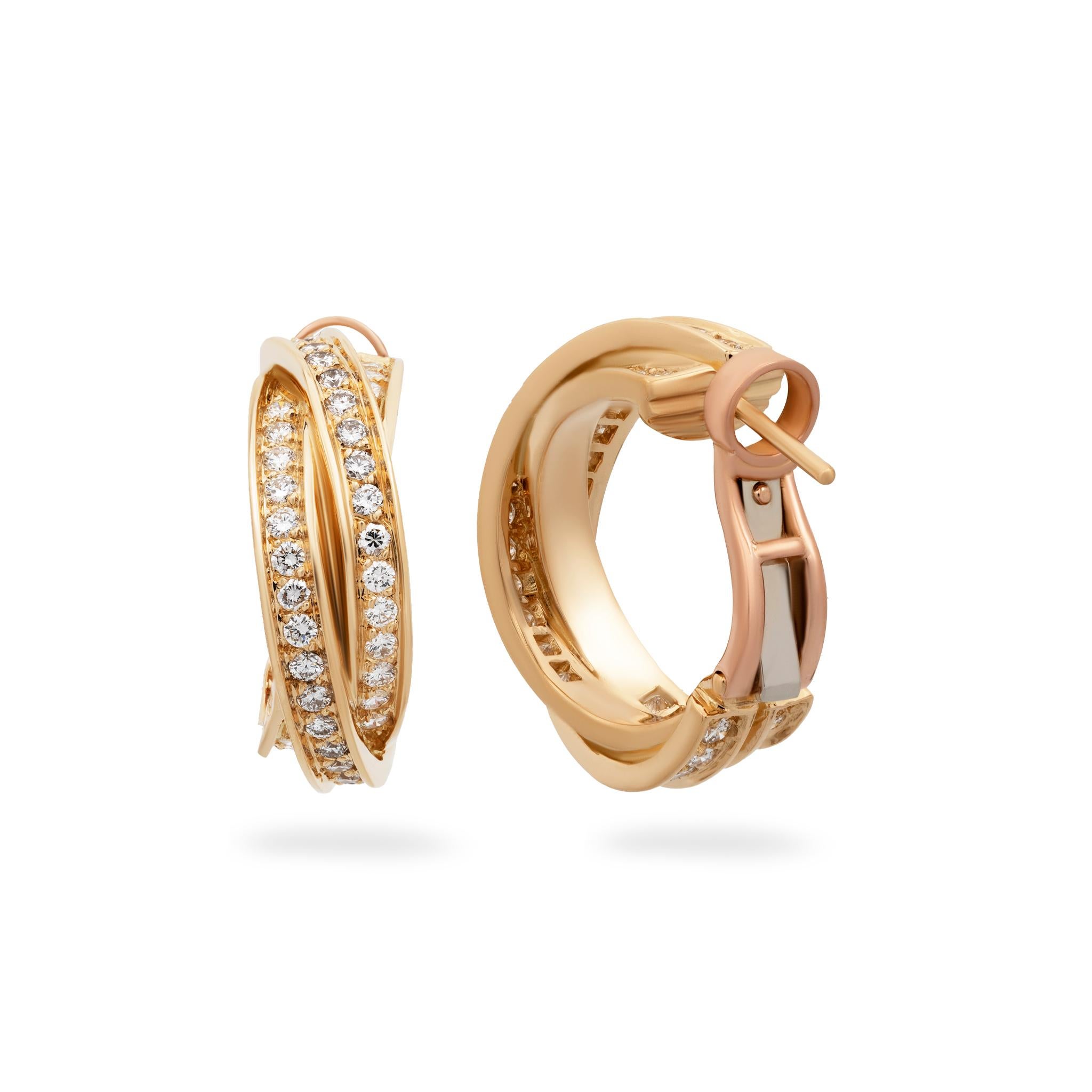 Women's Cartier 18 Karat Yellow Gold Diamond Trinity Earrings