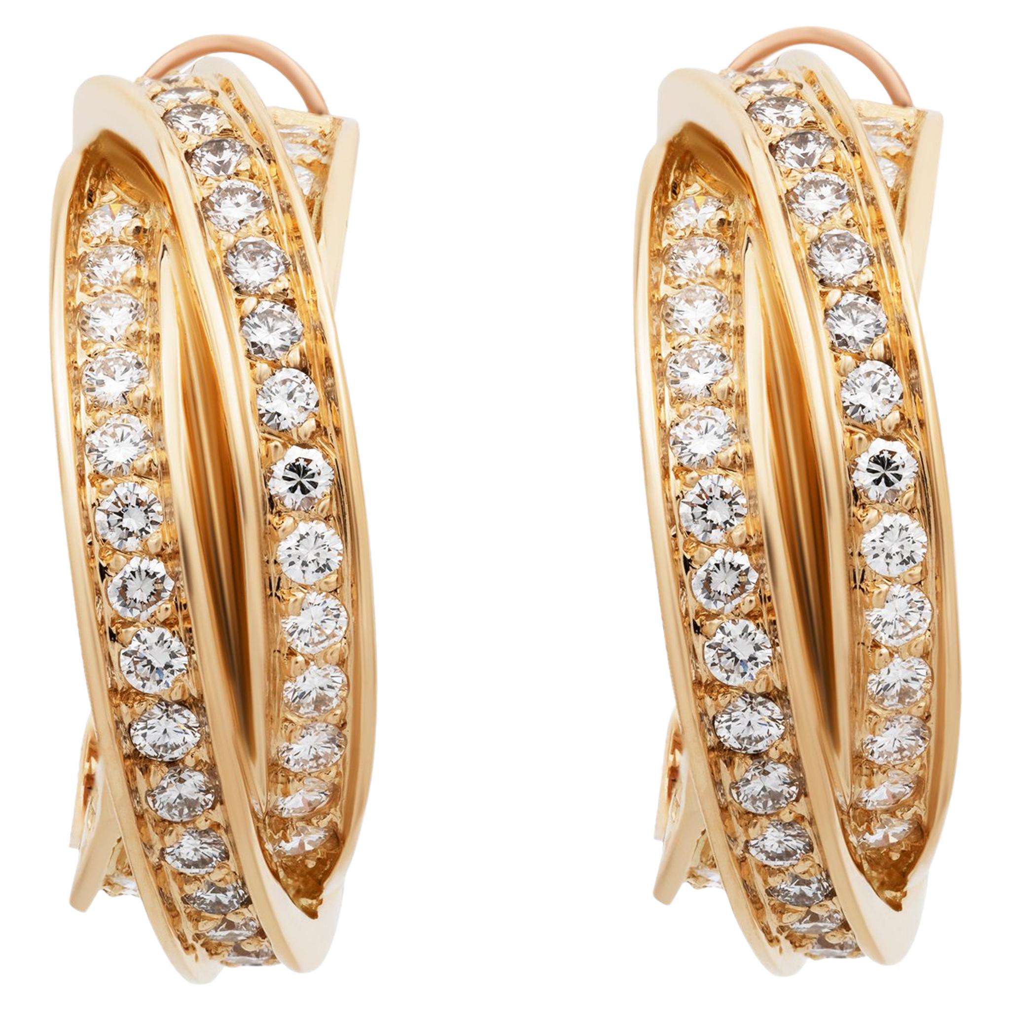 Cartier 18 Karat Yellow Gold Diamond Trinity Earrings