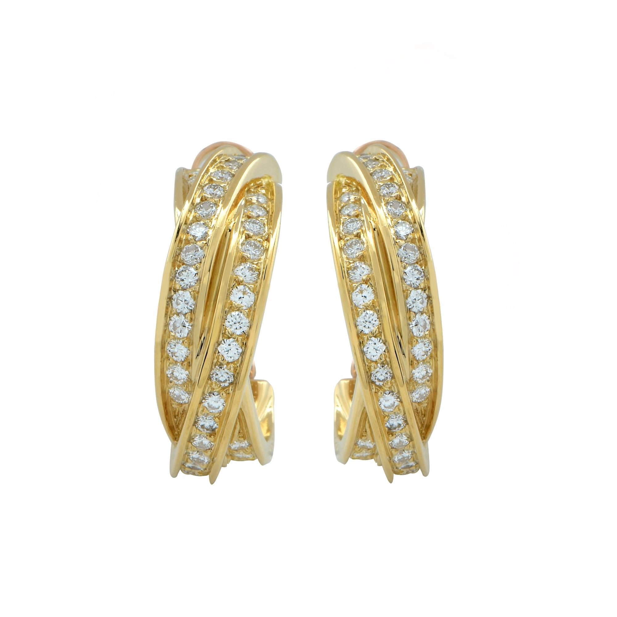 Round Cut Cartier 18 Karat Yellow Gold Diamond Trinity Hoop Earrings