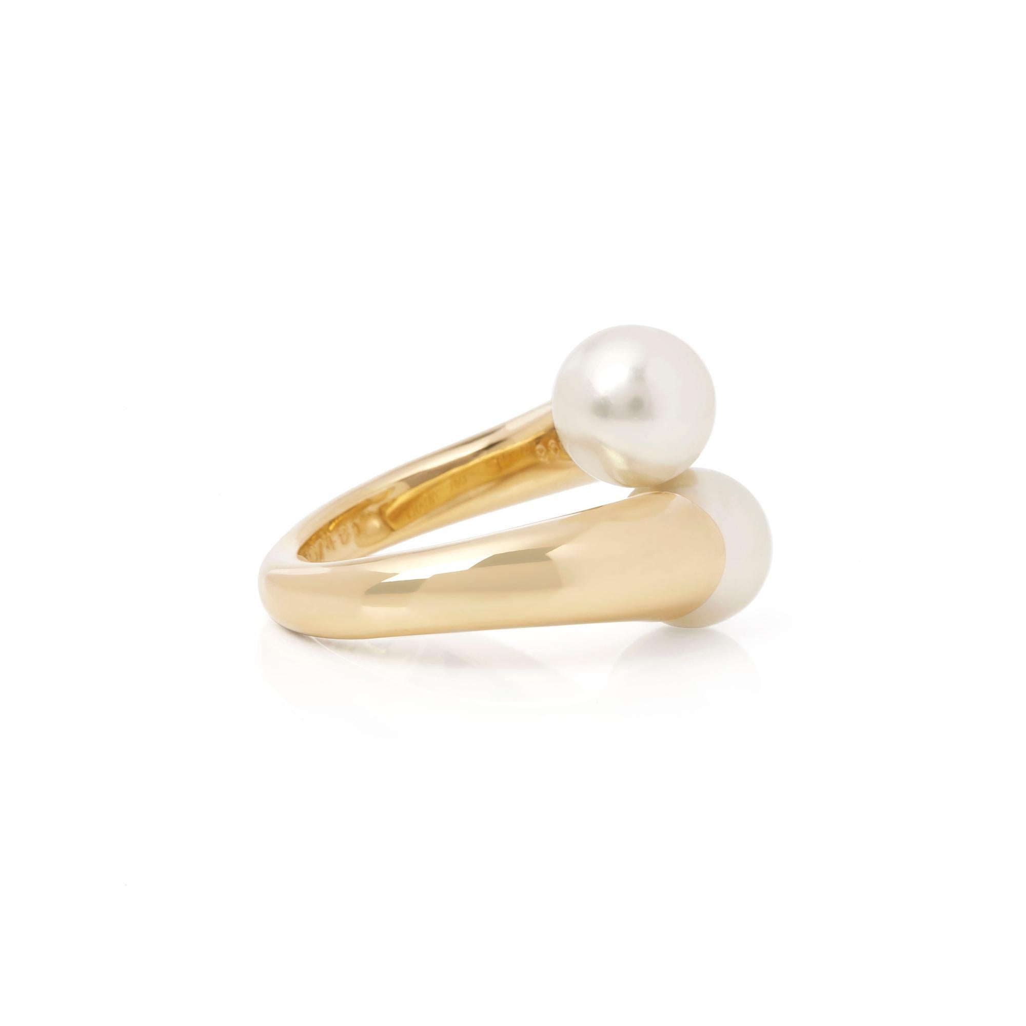 Cartier 18 Karat Yellow Gold Double Cultured Pearl Ring In Excellent Condition In Bishop's Stortford, Hertfordshire