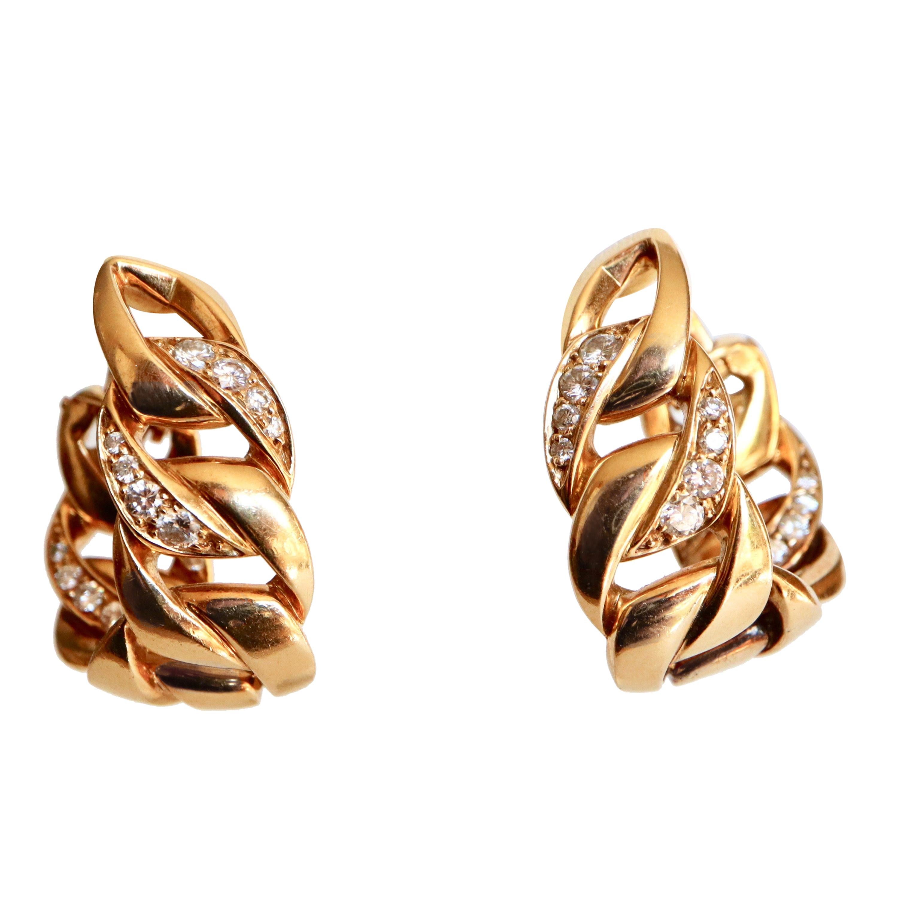 Cartier 18 Karat Yellow Gold Earrings and Diamonds, Rigid Curb Links Clips