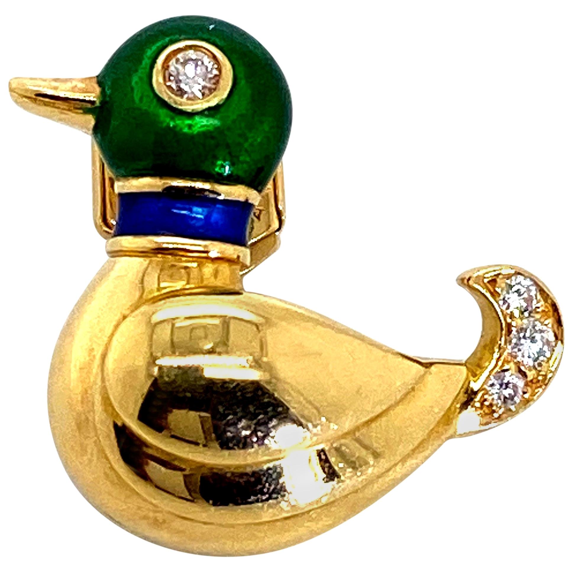 Cartier 18 Karat Yellow Gold, Enamel and Diamond Duck Pin For Sale