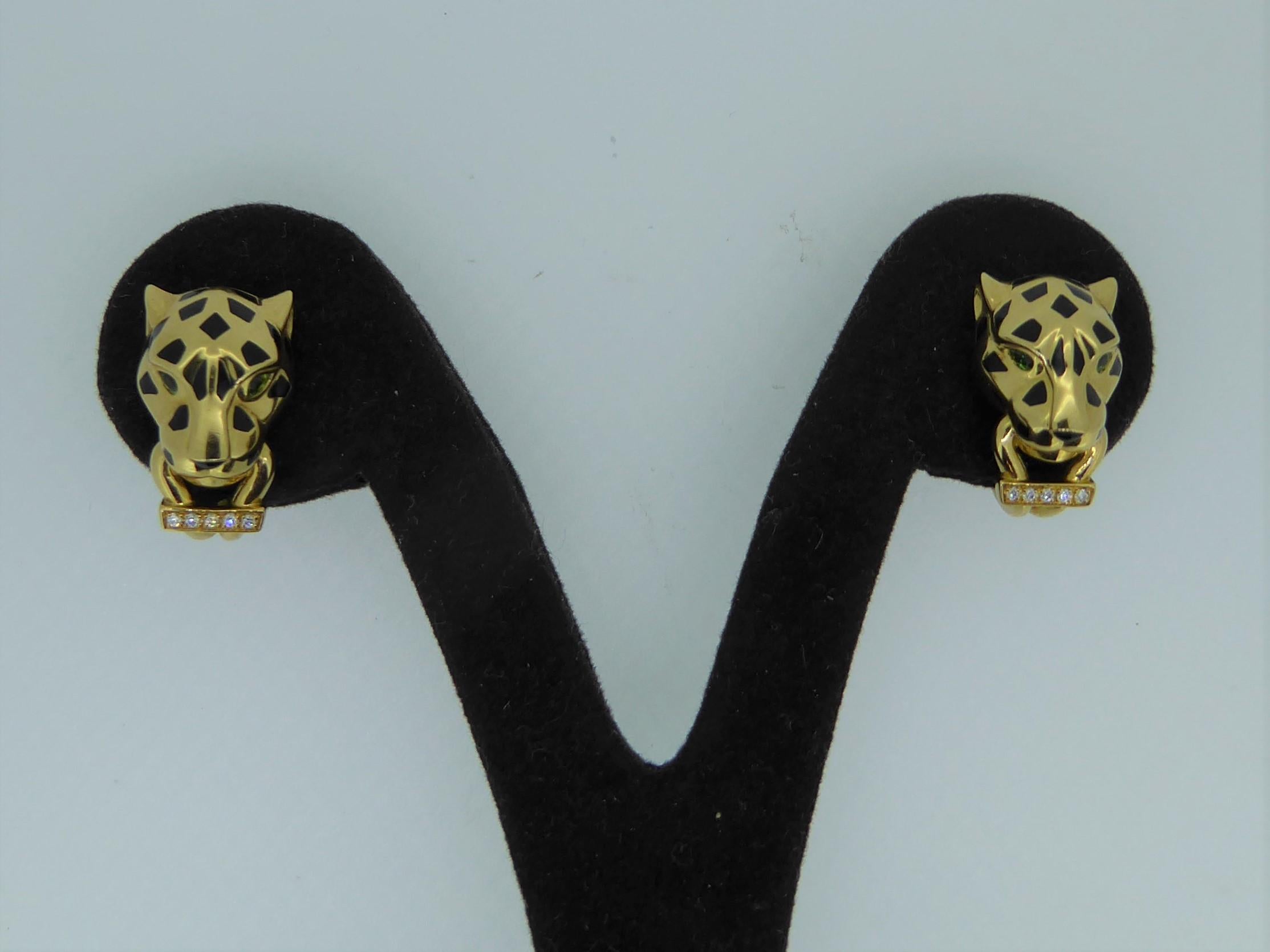 Cartier 18 Karat Yellow Gold, Enamel and Diamond Panthere Ear Clip Earrings In Good Condition In London, GB