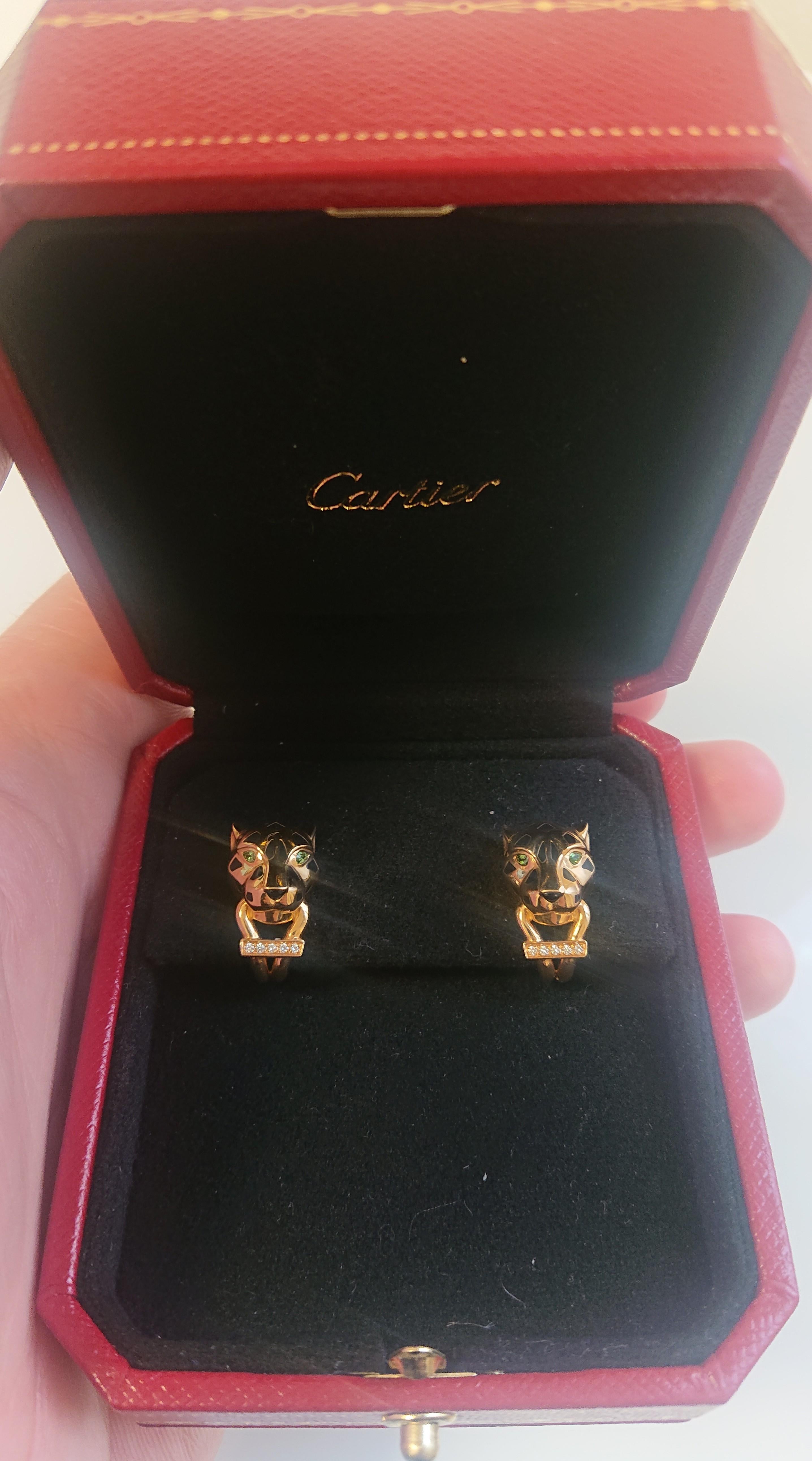 Women's Cartier 18 Karat Yellow Gold, Enamel and Diamond Panthere Ear Clip Earrings