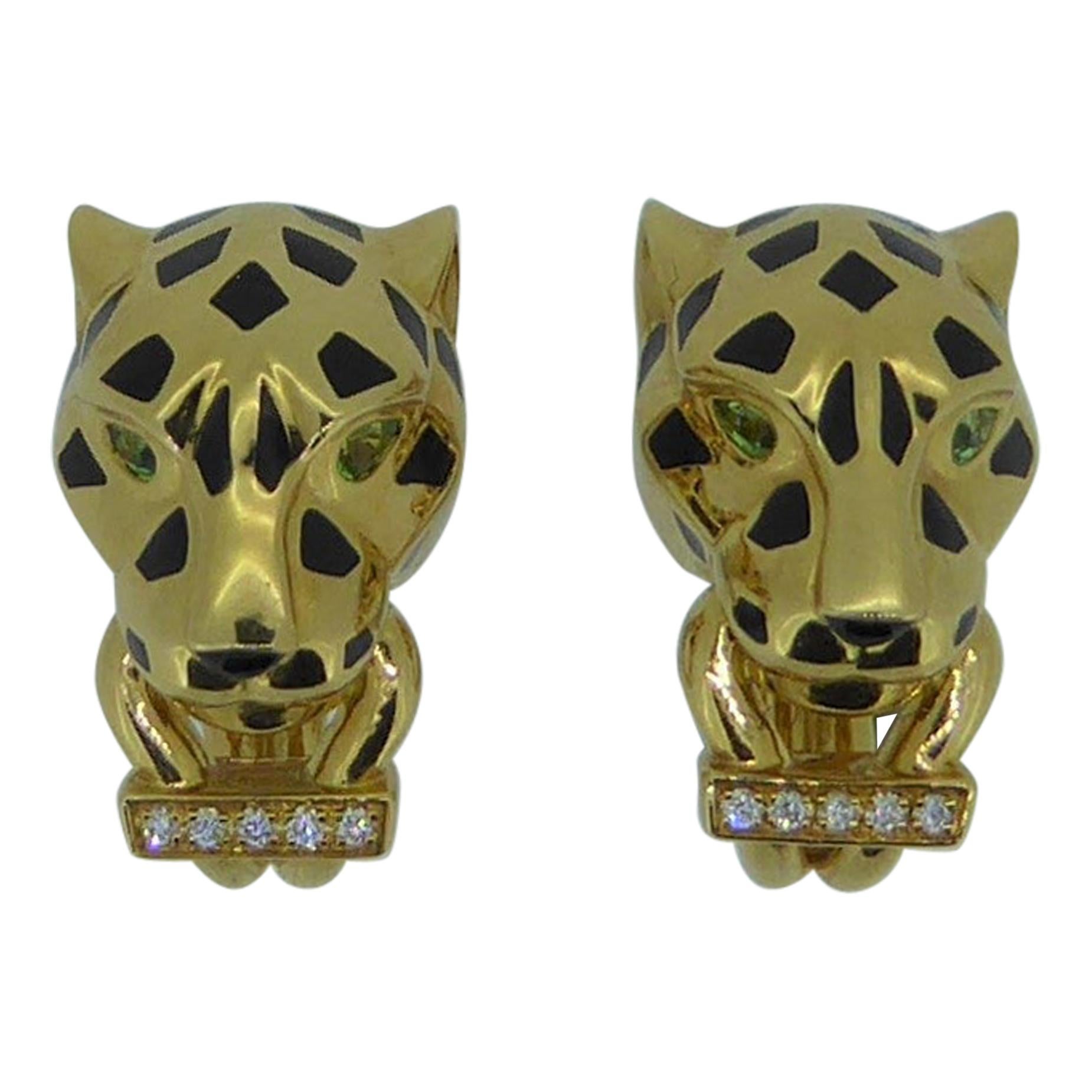 Cartier 18 Karat Yellow Gold, Enamel and Diamond Panthere Ear Clip Earrings