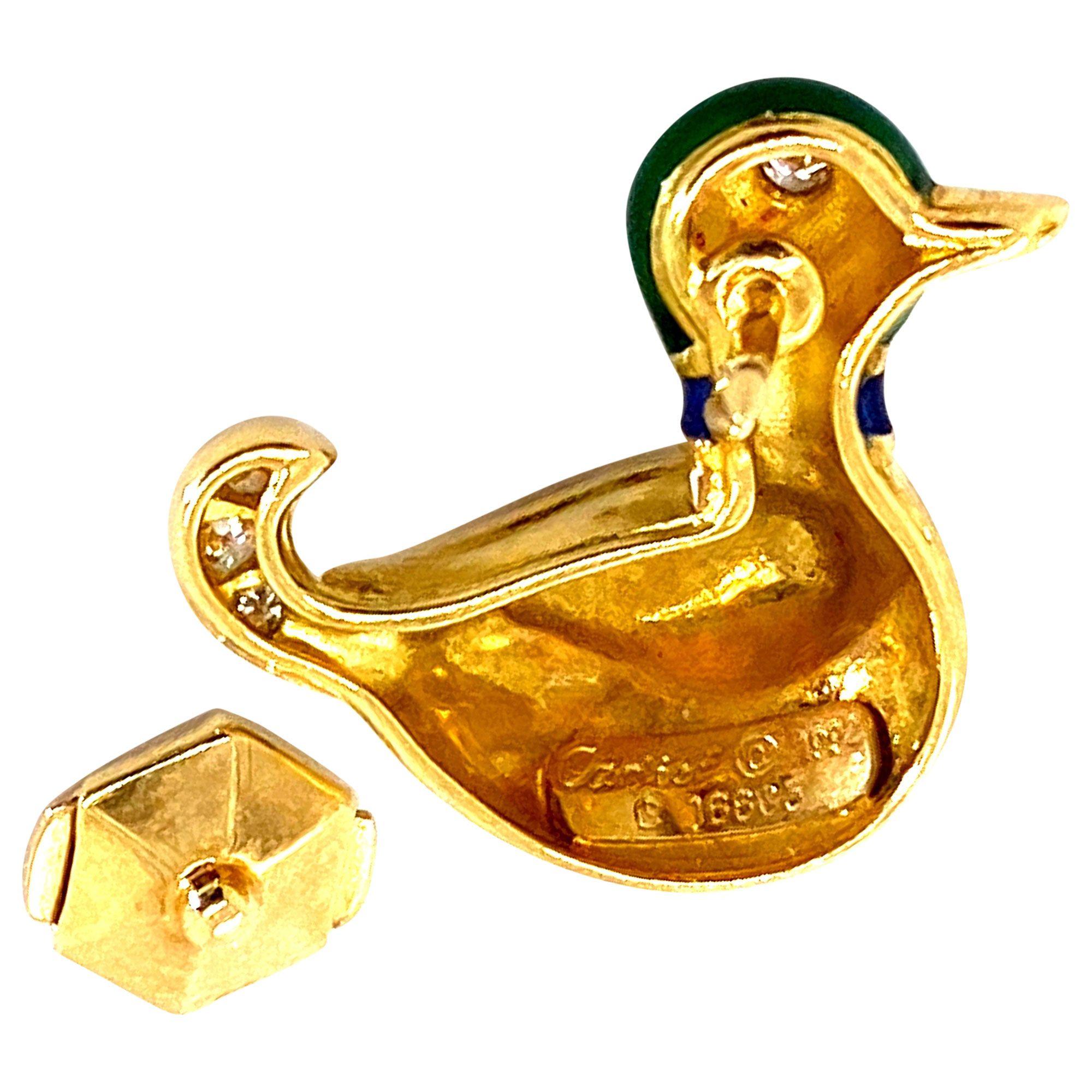 Round Cut Cartier 18 Karat Yellow Gold, Enamel and Diamond Duck Pin For Sale