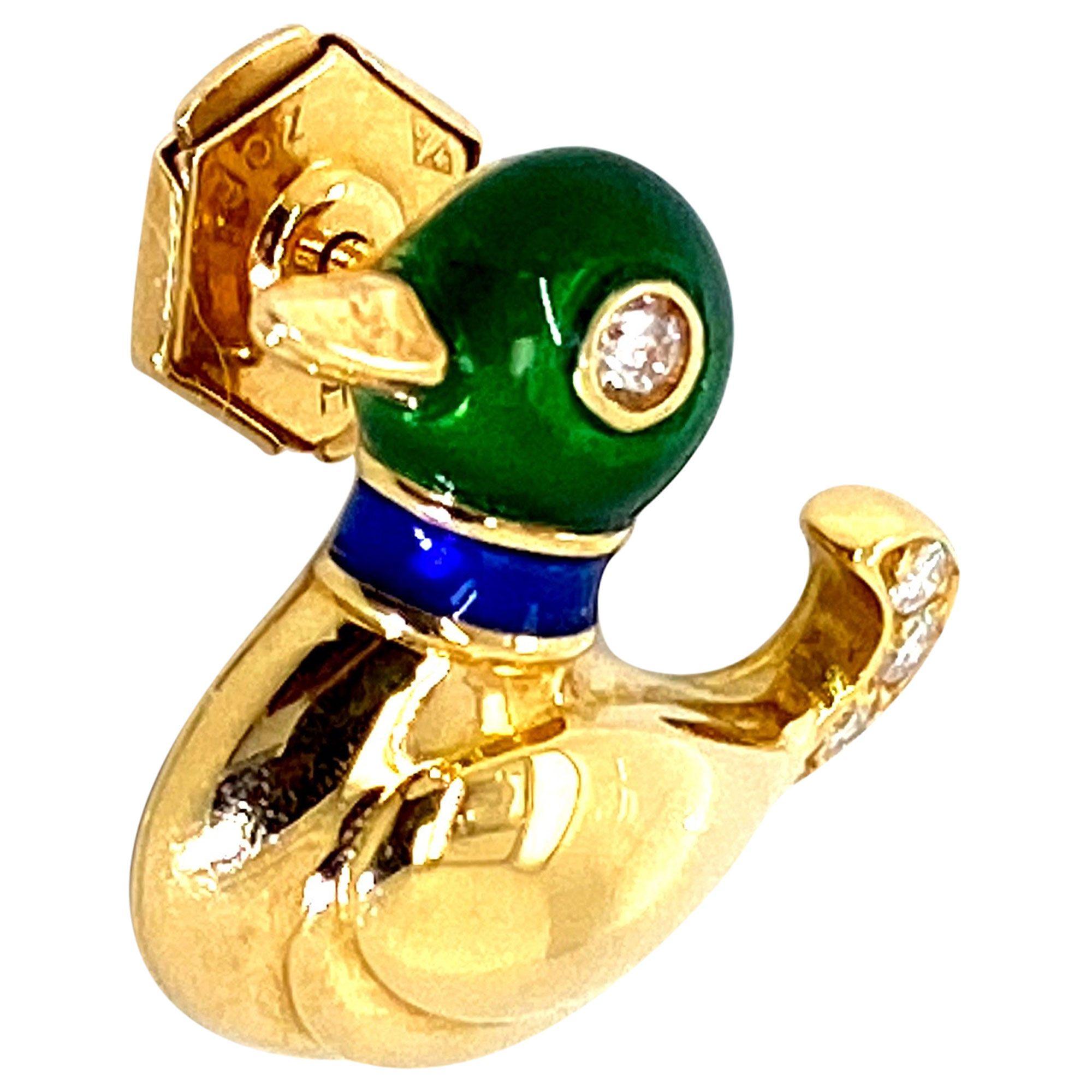 Cartier 18 Karat Yellow Gold, Enamel and Diamond Duck Pin In Good Condition For Sale In QLD , AU