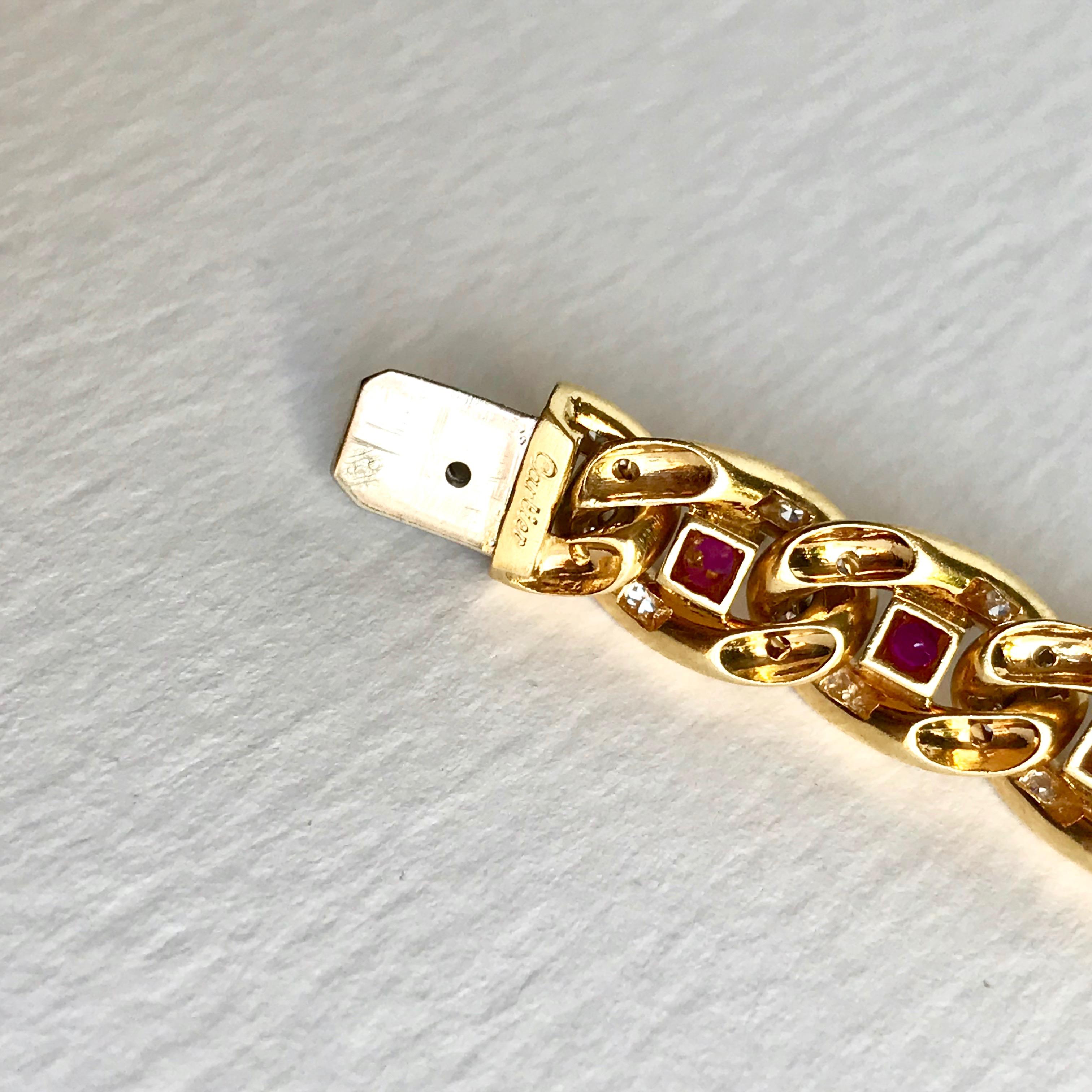 Women's or Men's Cartier 18 Karat Yellow Gold Gourmet Link Bracelet, 22 Rubies, 132 Diamonds For Sale