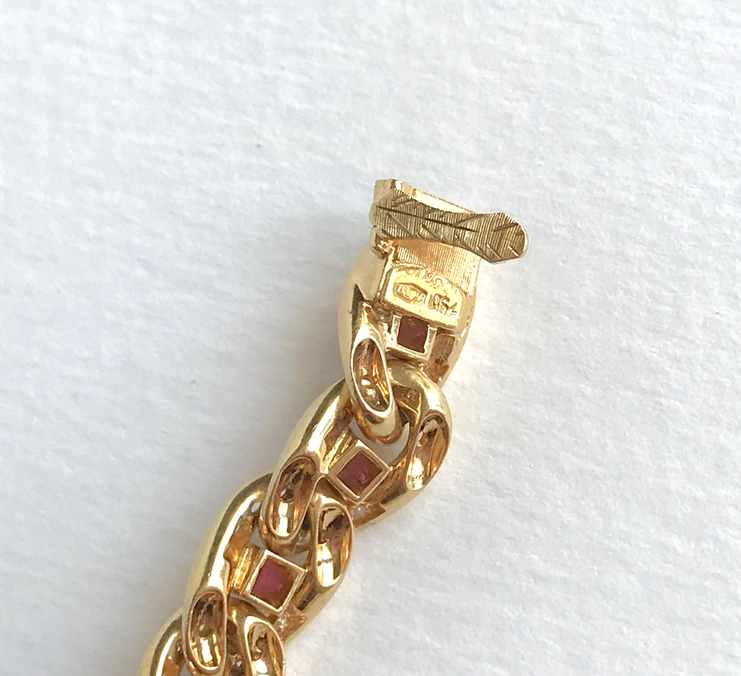 Cartier 18 Karat Yellow Gold Gourmet Link Bracelet, 22 Rubies, 132 Diamonds For Sale 1