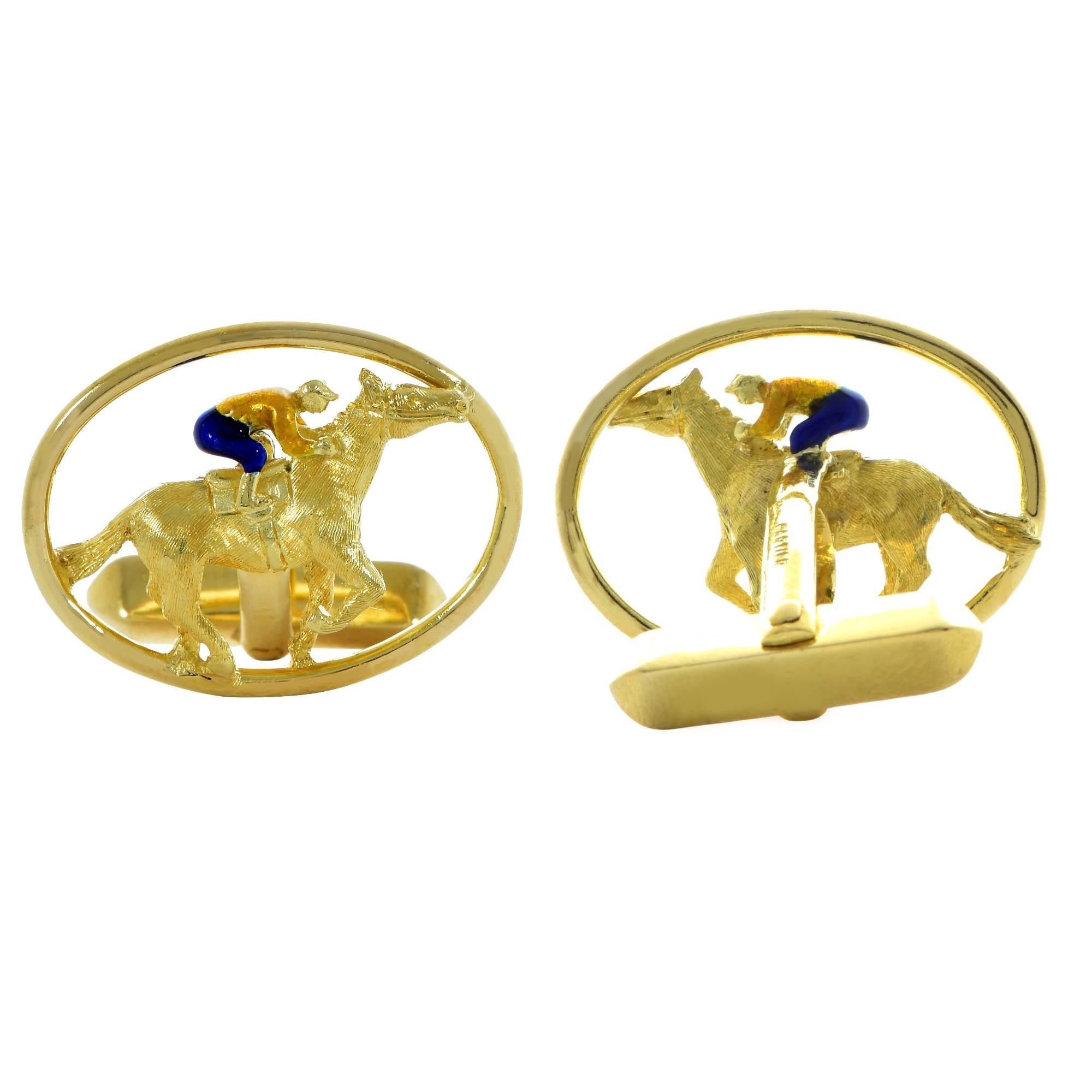 Unique 18k yellow gold men's cuff links stamped Cartier featuring a jockey adorned with blue and yellow enamel riding a galloping stallion. These cuff links measure 23.7mm x 18.3mm and weighs 14 grams

Our pieces are all accompanied by an appraisal