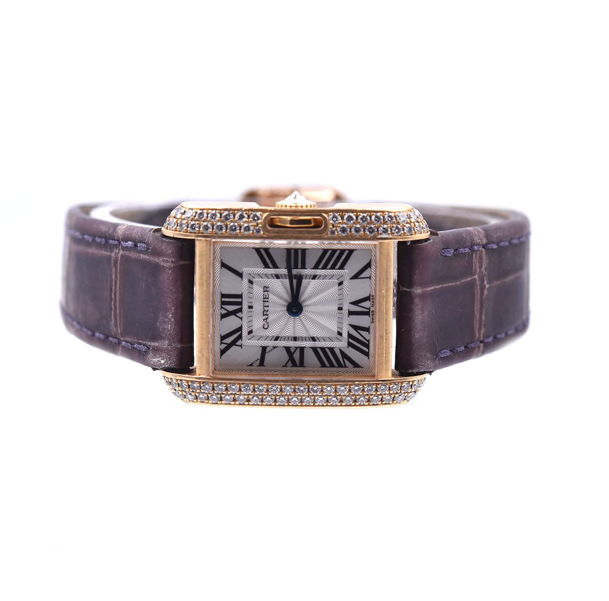 Movement: quartz
Function: hours, minutes
Case: 30mm stainless steel case, push pull crown, sapphire crystal
Dial: silver dial, black transferred Roman numerals, and steel sword-shaped hands
Band: brown Cartier leather strap
Serial #: