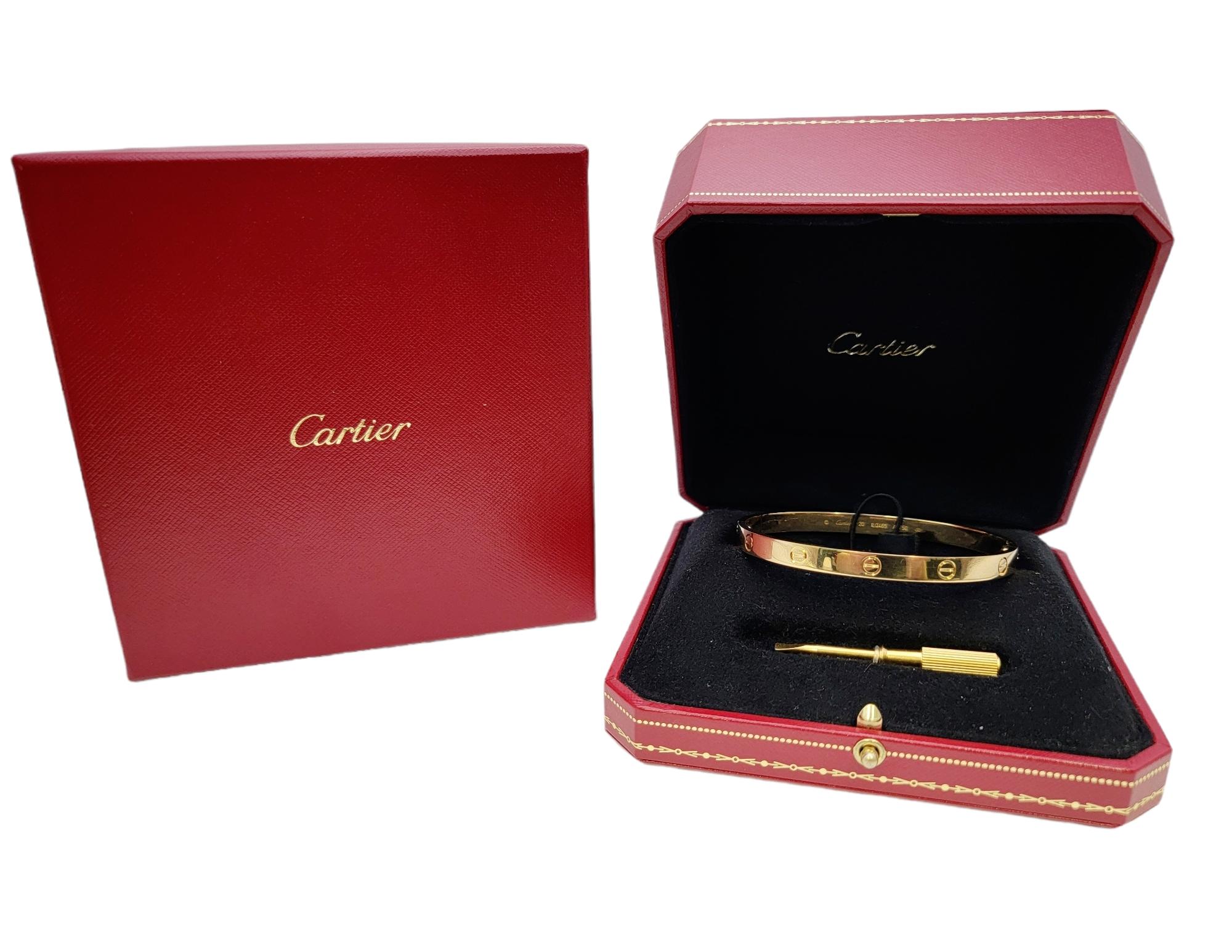 Cartier 18 Karat Yellow Gold Love Bangle Bracelet, Box, Screwdriver 3