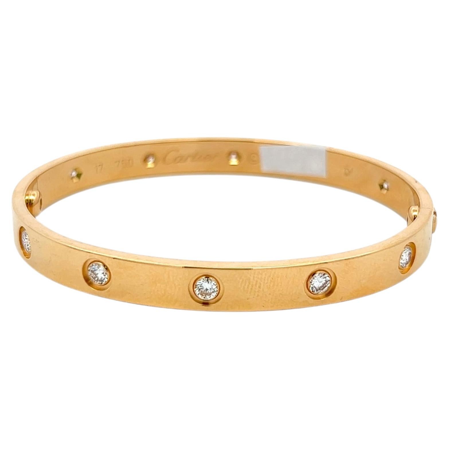 Cartier 18 Karat Yellow Gold Love Bracelet 0.96 Carat Round Diamonds Size 17