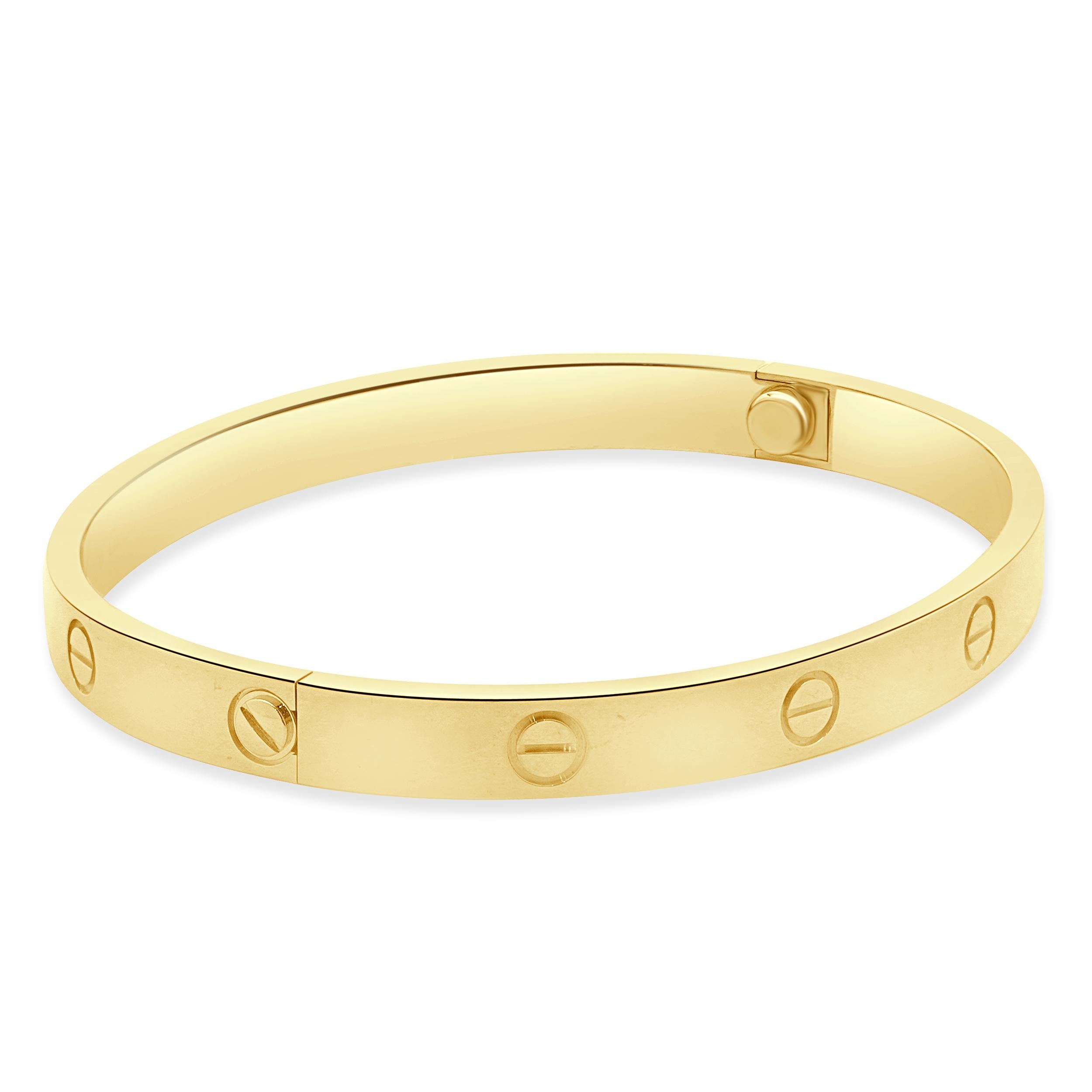 Bracciale Love di Cartier in oro giallo 18 carati, misura 19
 
Designer: Cartier
Materiale: oro giallo 18 carati
Numero di serie YKZXXX
Dimensione: 19

220-342