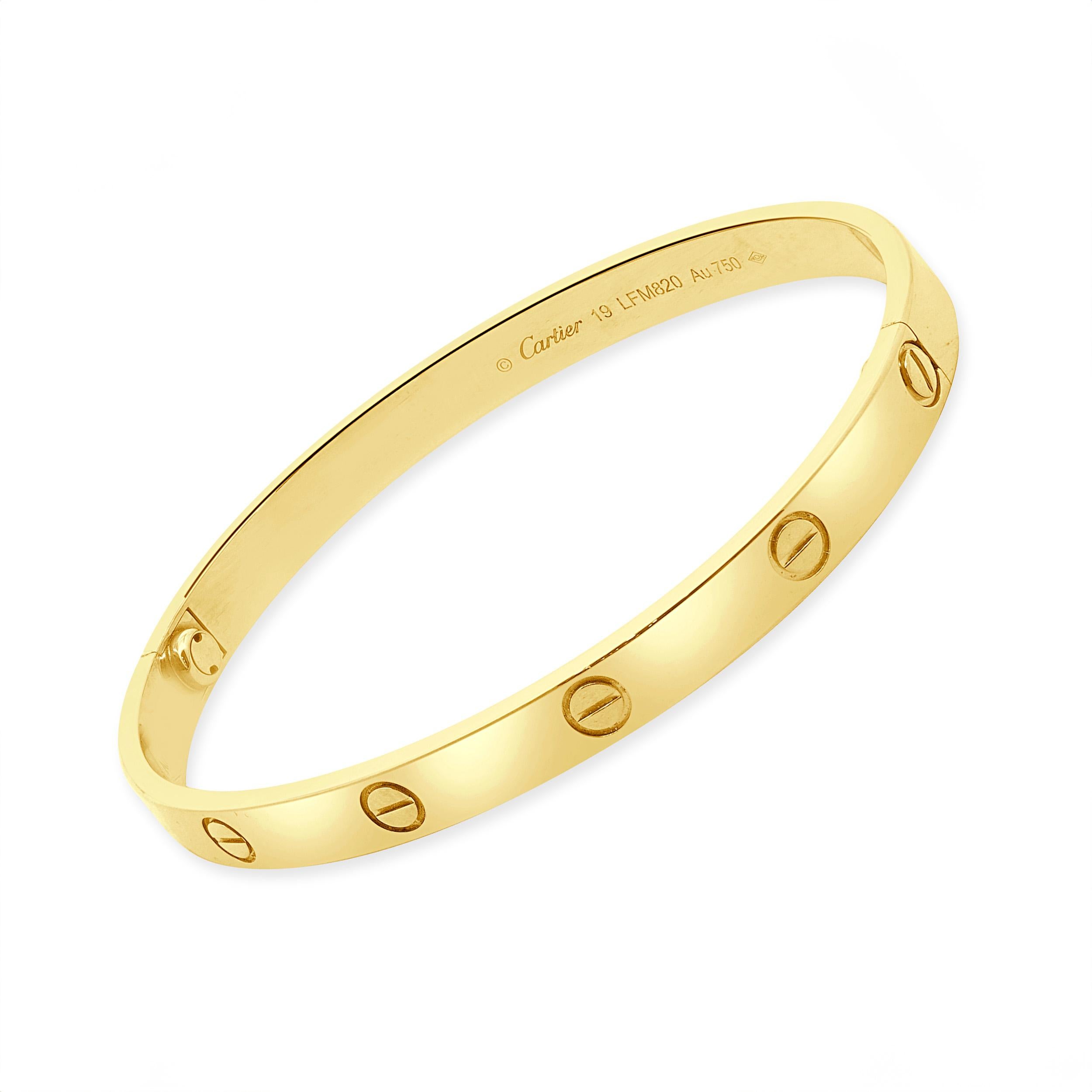 Bracelet Love en or jaune 18 carats de Cartier, taille 19 Unisexe en vente