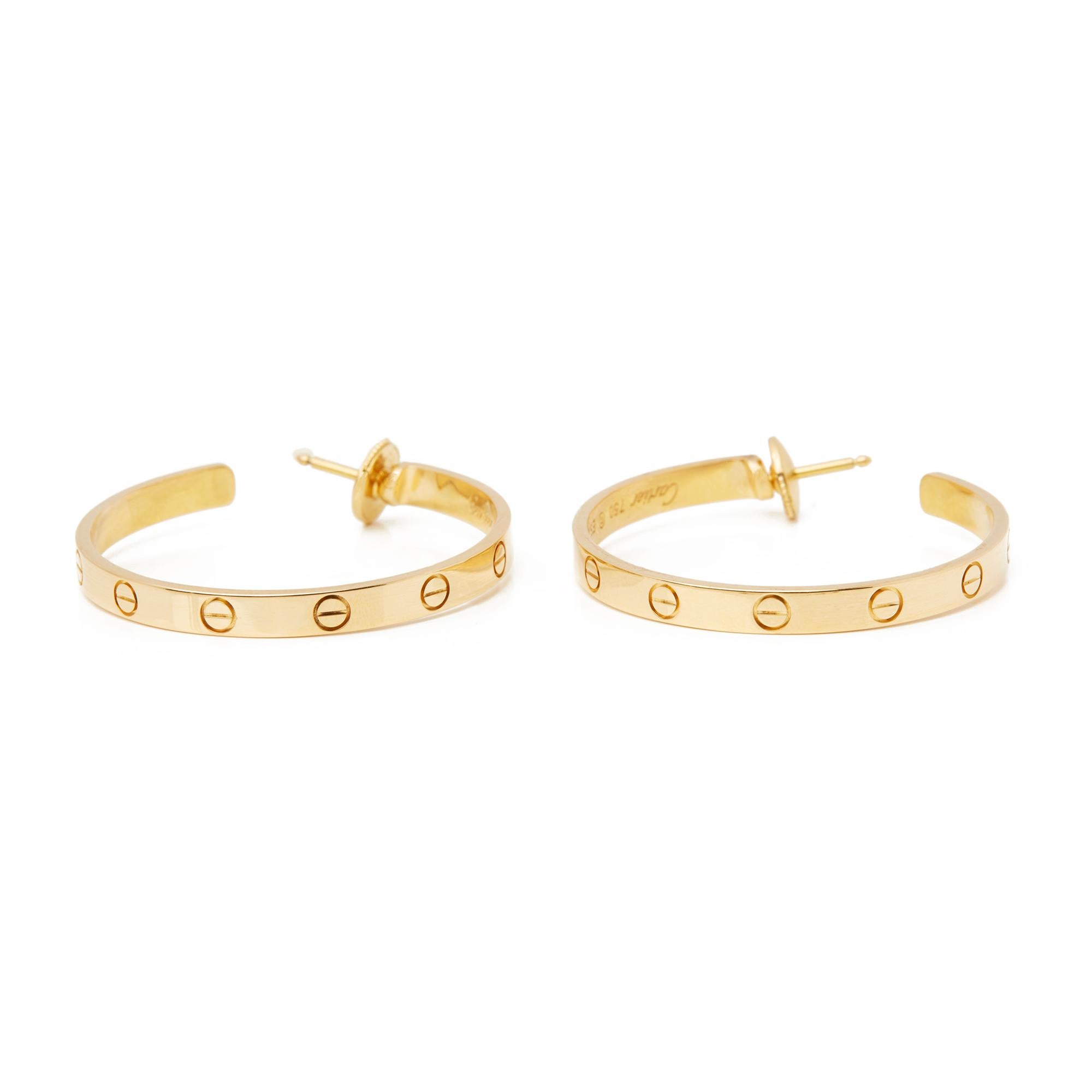 Code: COM2058
Brand: Cartier
Description: 18k Yellow Gold Love Hoop Earrings
Accompanied With: Presentation Box
Gender: Ladies
Earring Length: 3.5cm
Earring Width: 3mm
Earring Back: Lock
Condition: 8.5
Material: Yellow Gold
Total Weight: 21.25g