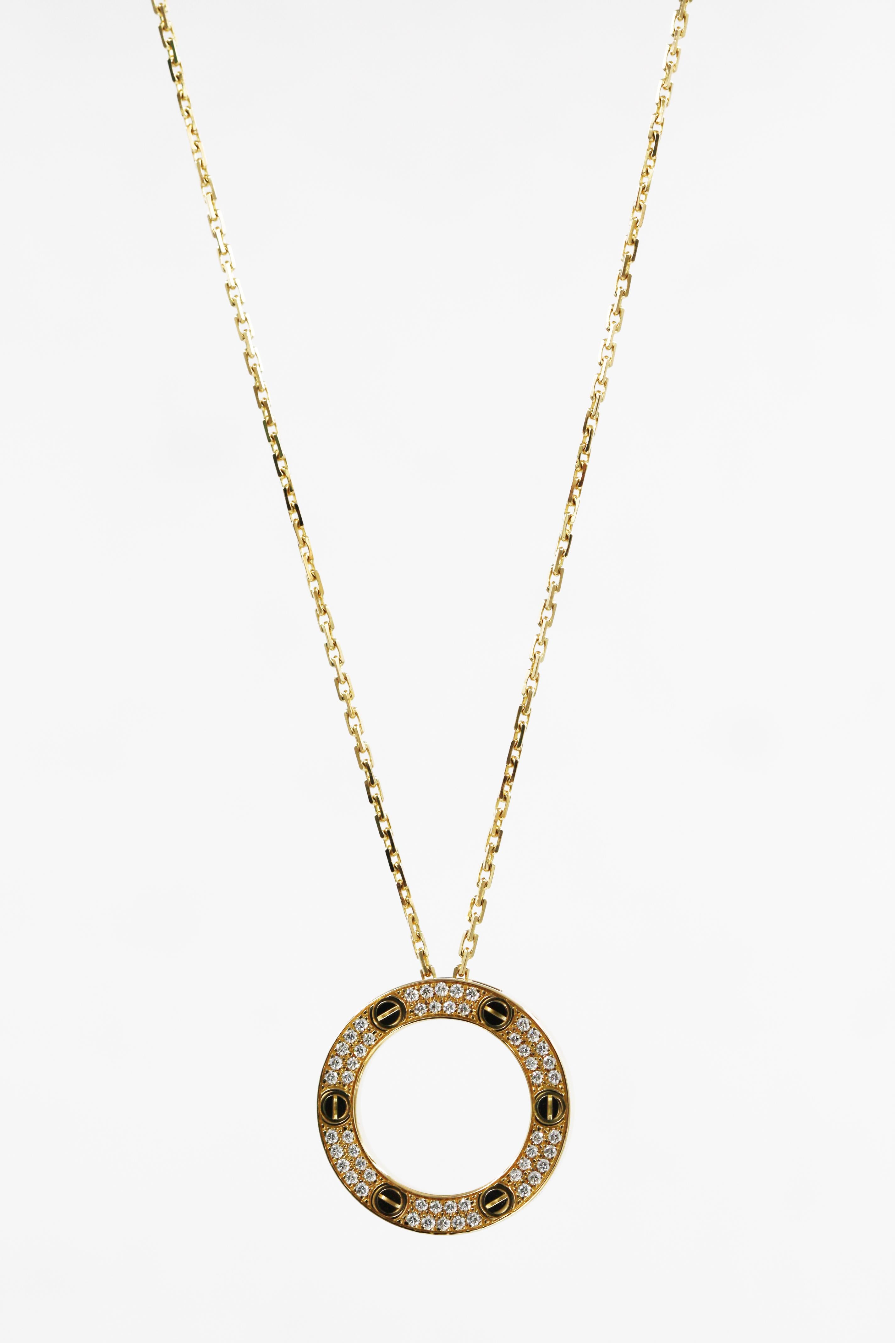 A beautiful love necklace from Cartier, made in 18K yellow gold, set with 54 brilliant-cut diamonds, total weight 0.34 carat. REF: B7058400

Length: approximately 41cm
Weight: approximately 15.1g
Item will come with an original box and paper
Stock#: