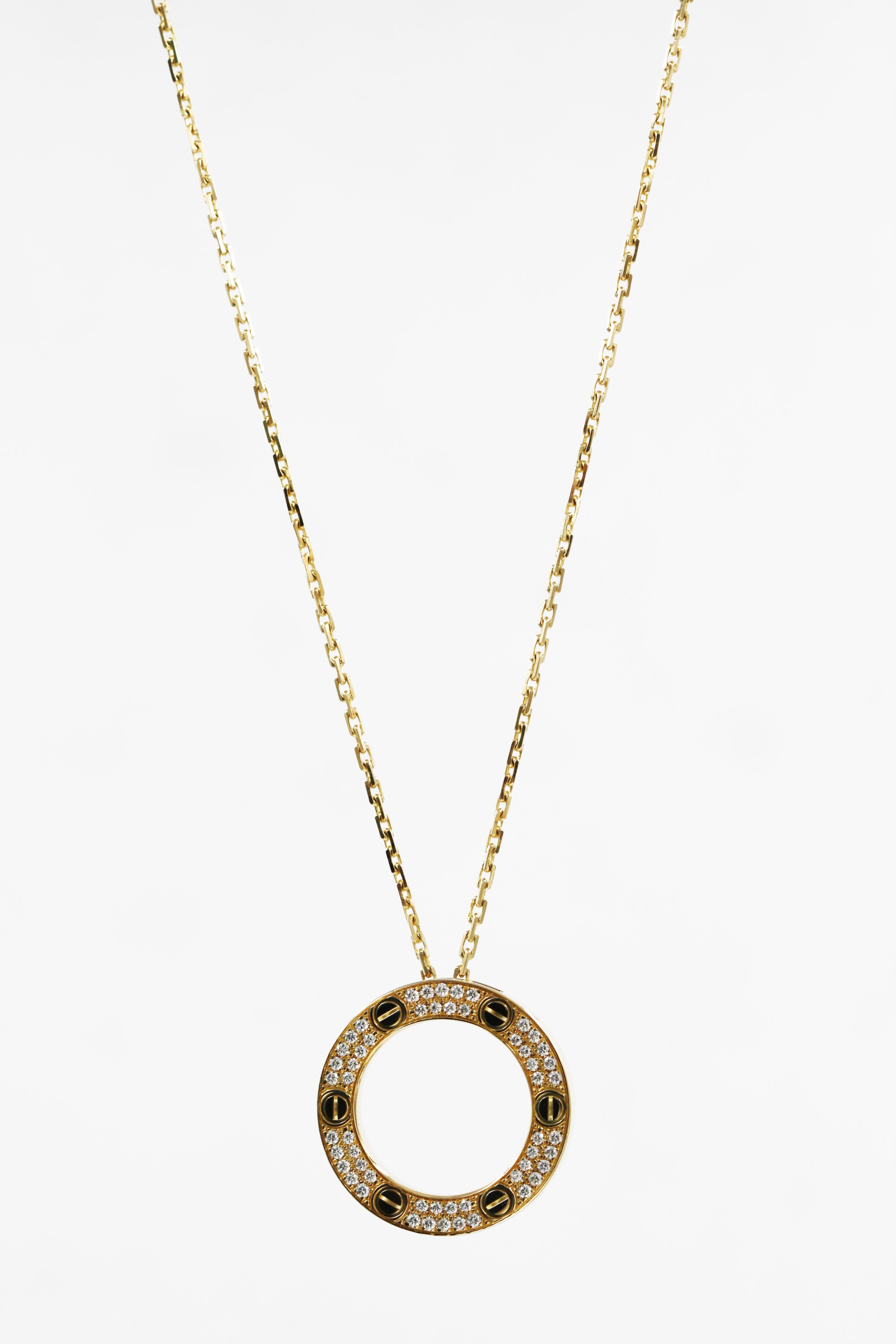 A beautiful love necklace from Cartier, made in 18K yellow gold, set with 54 brilliant-cut diamonds, total weight 0.34 carat. REF: B7058400

Length: approximately 41cm
Item will come with an original box and paper
Stock#: CTR483