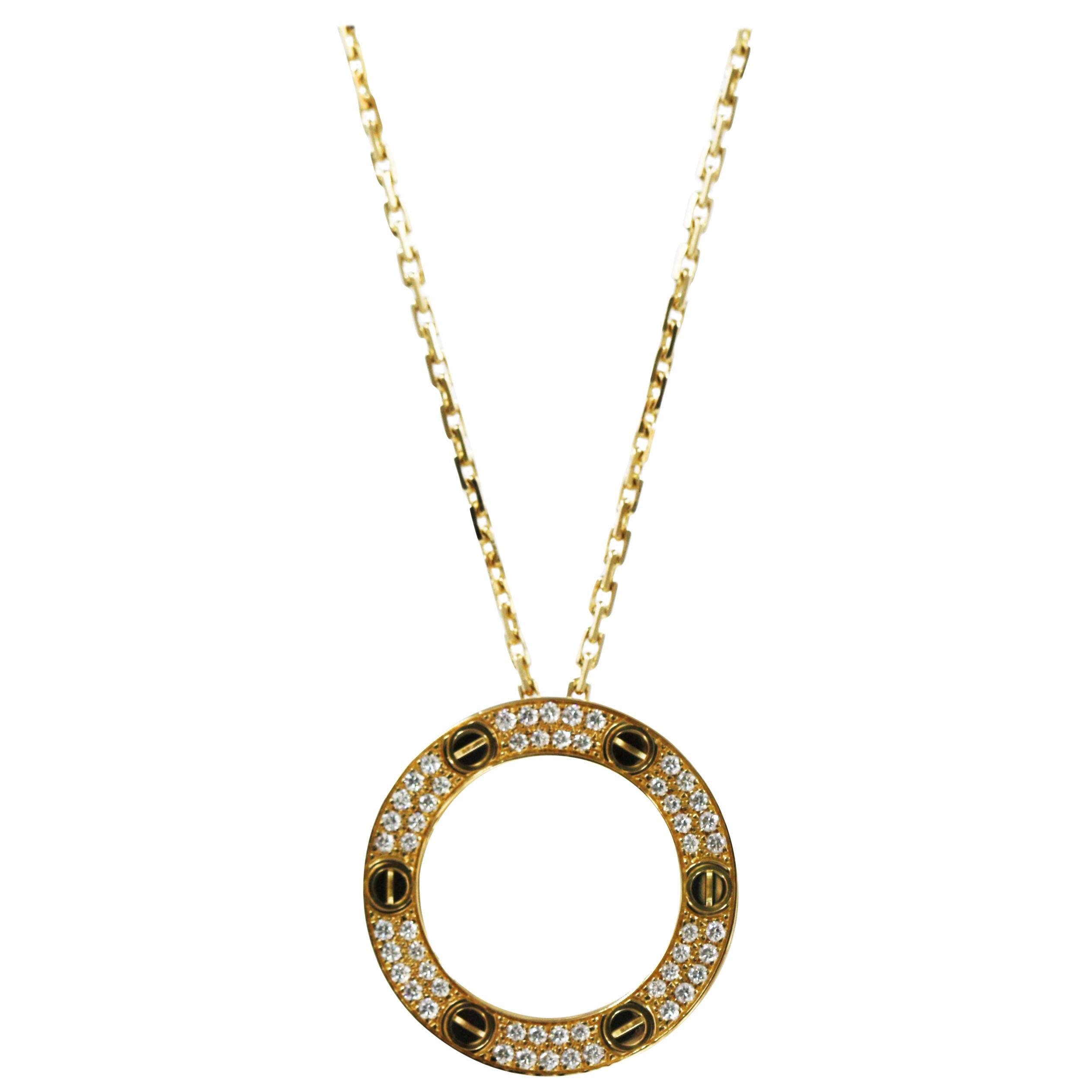 Cartier 18 Karat Yellow Gold Love Necklace, Diamond-Paved For Sale