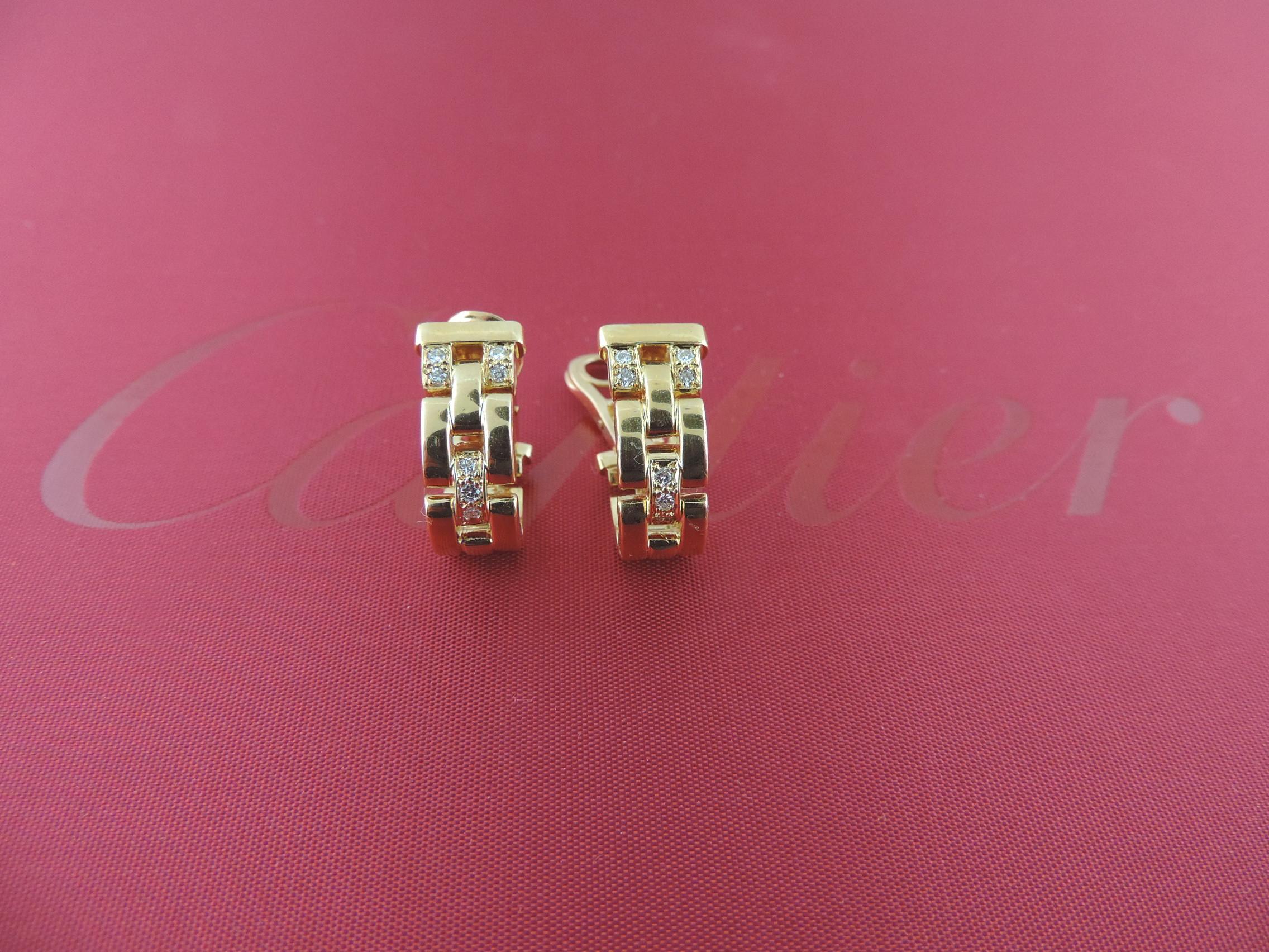 Round Cut Cartier 18 Karat Yellow Gold Maillon Panthere Diamond Earrings For Sale