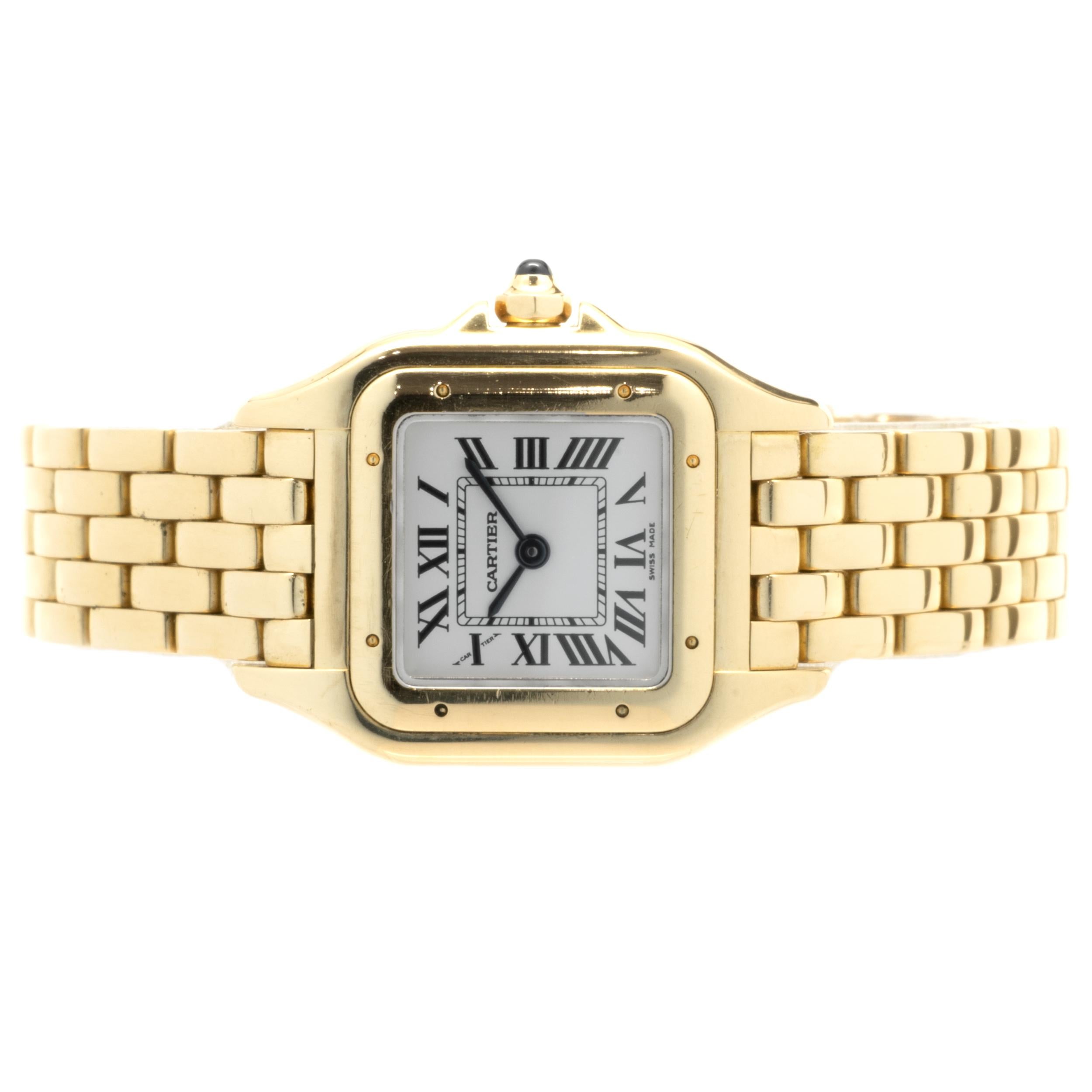 Movement: quartz
Function: hours, minutes
Case: 25 X 21mm 18K yellow gold rectangle case, push pull crown, sapphire crystal,
Dial: silver roman dial, blue sword sweeping hands
Band: 18K yellow gold Cartier panther bracelet, fold over clasp
Serial #: