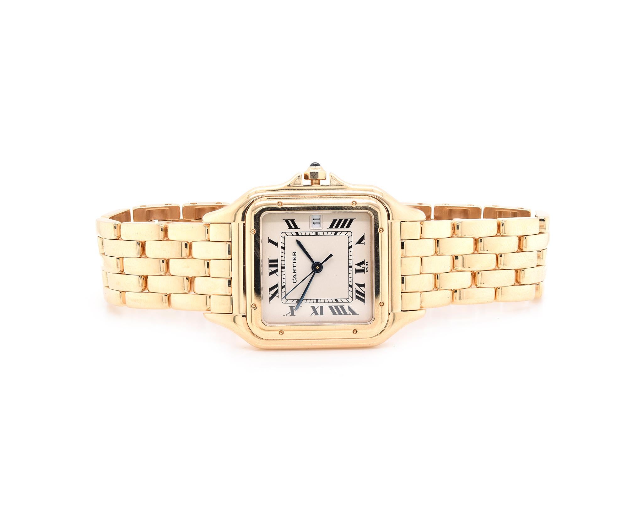 Movement: quartz
Function: hours, minutes, date
Case: 27 X 37mm 18K yellow gold case, push-pull crown, sapphire crystal
Dial: cream dial, black transferred Roman numerals, and steel sword-shaped hands
Band: 18K yellow gold panther link
Serial #: