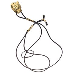 Cartier 18 Karat Yellow Gold Panthère De Pendant on a Silk String Necklace