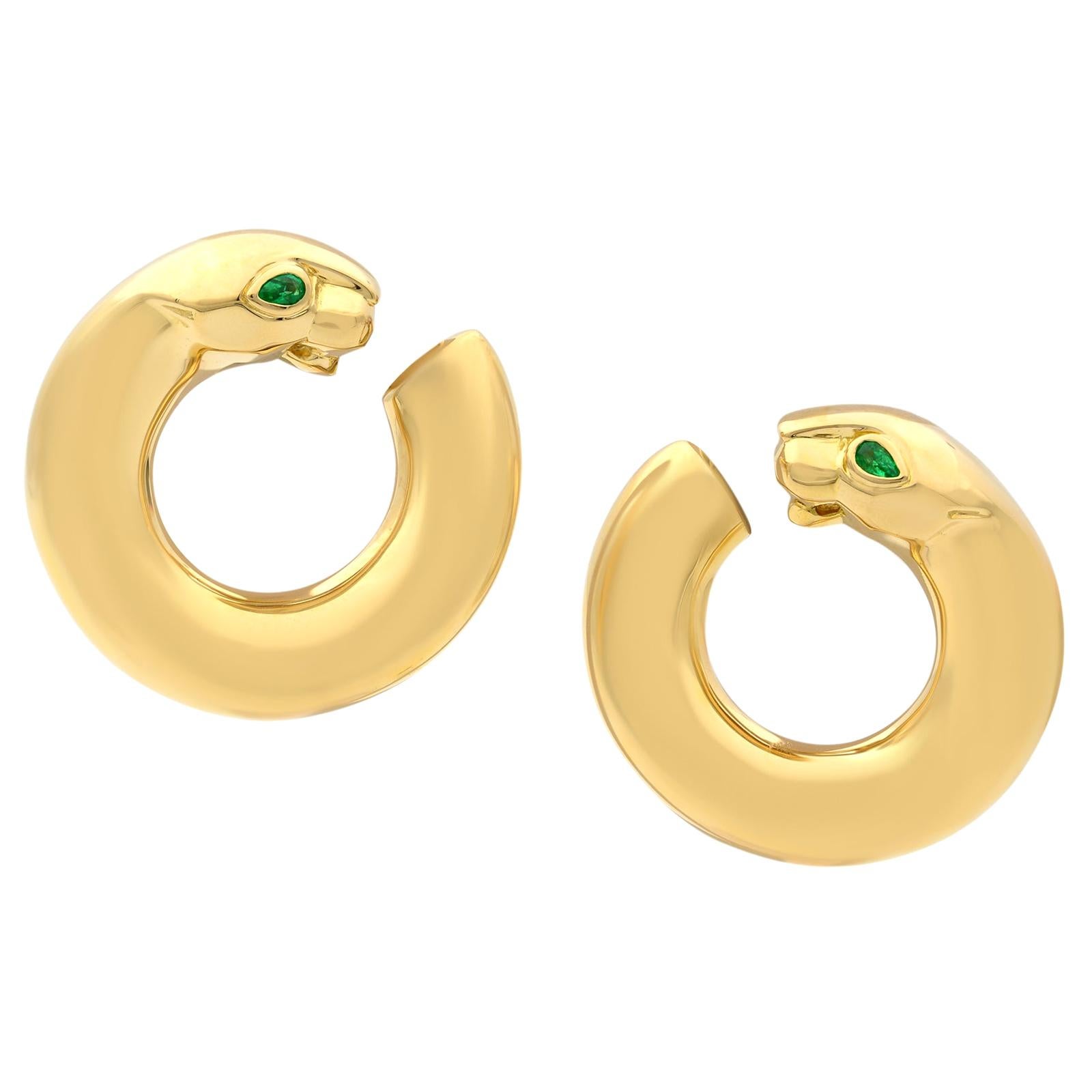 Cartier 18 Karat Yellow Gold Panthere Emerald Eyes Hoop Earrings