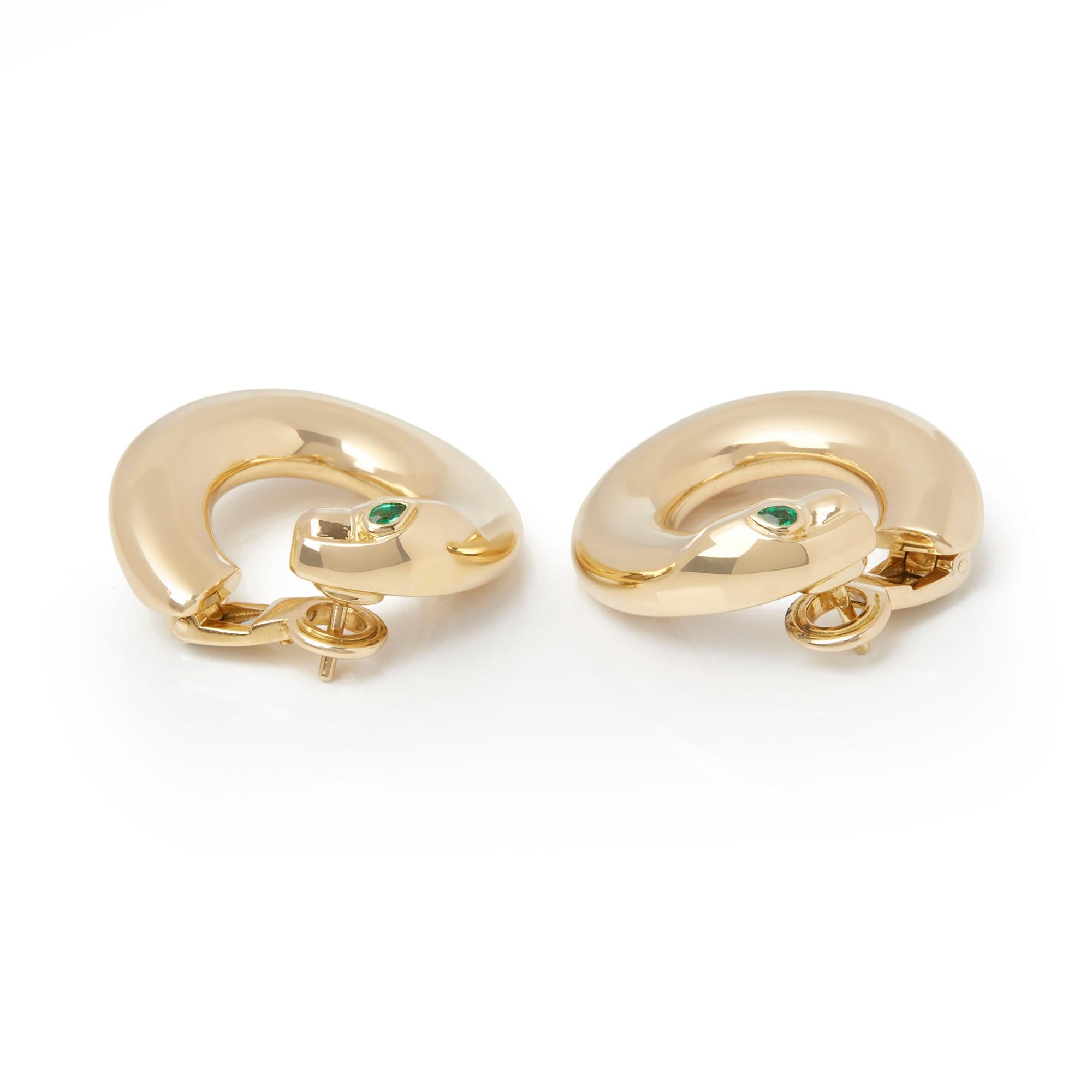 Cartier 18 Karat Yellow Gold Pear Cut Emerald Hoop Panthère Earrings In Excellent Condition In Bishop's Stortford, Hertfordshire