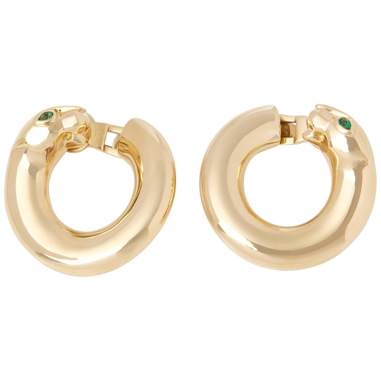 Cartier 18 Karat Yellow Gold Pear Cut Emerald Hoop Panthère Earrings