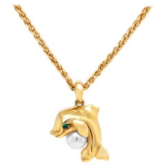 Cartier 18 Karat Yellow Gold Pearl Emerald Dolphin Pendant Necklace