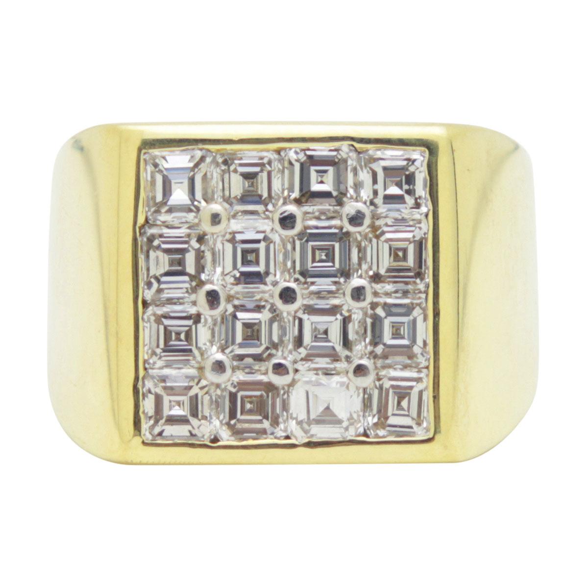 Cartier, the brand that is synonymous with luxury and style. This handsome 18k yellow gold & platinum diamond Ice-Cube ring is superb. Showcasing approximately 3.00cts of bright white Asscher cut diamonds, F/G colour, VS clarity which are set