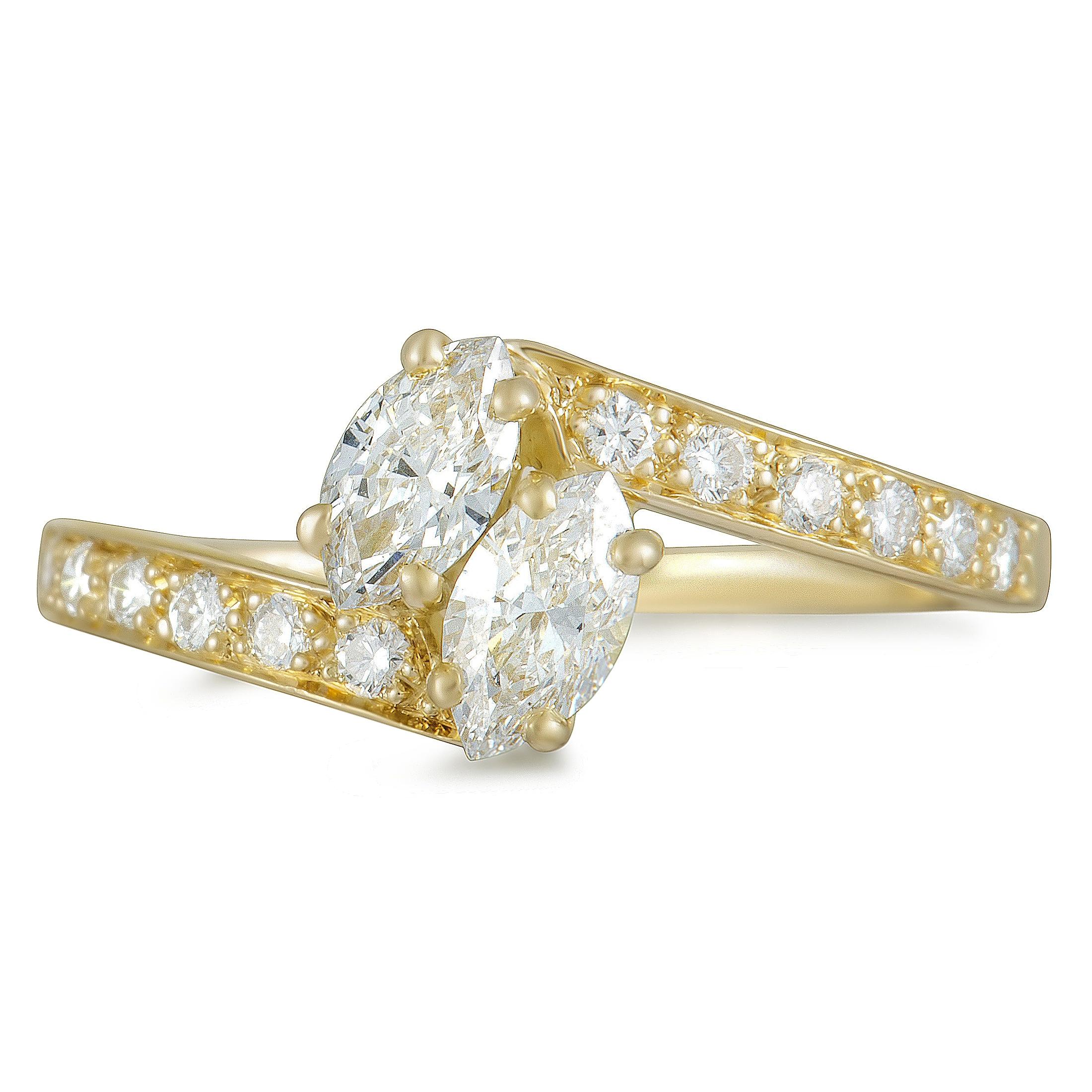 Cartier 18 Karat Yellow Gold Round and 2 Marquise Diamonds Bypass Ring In Excellent Condition In Southampton, PA