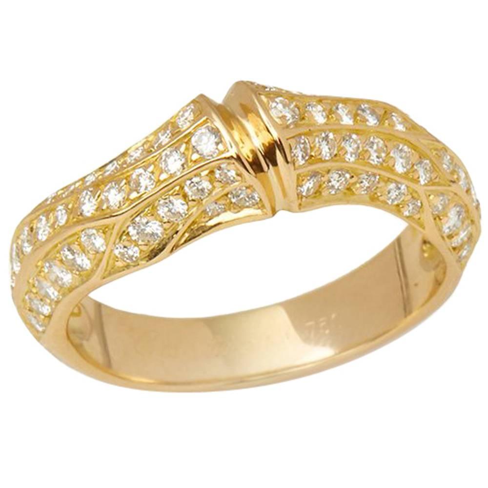 Cartier 18 Karat Yellow Gold Round Brilliant Cut Diamond Bamboo Ring