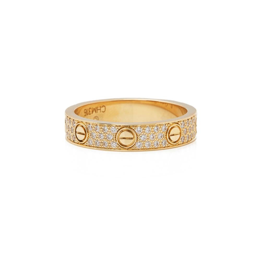 Modern Cartier 18 Karat Yellow Gold Round Brilliant Cut Pave Diamond Love Ring